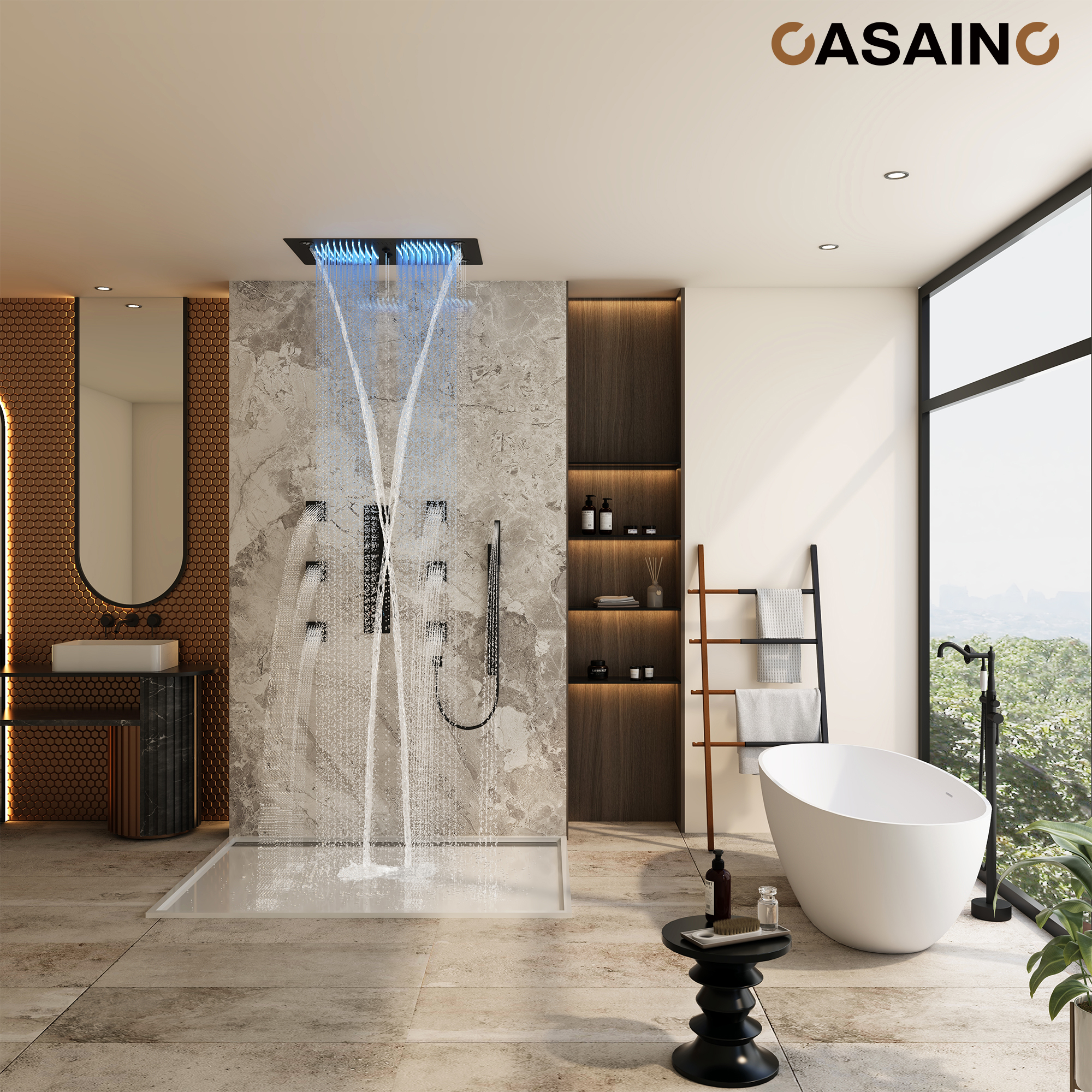 6-Function Luxury Thermostatic Shower System with 64 Color LED Lights & Slide Bar