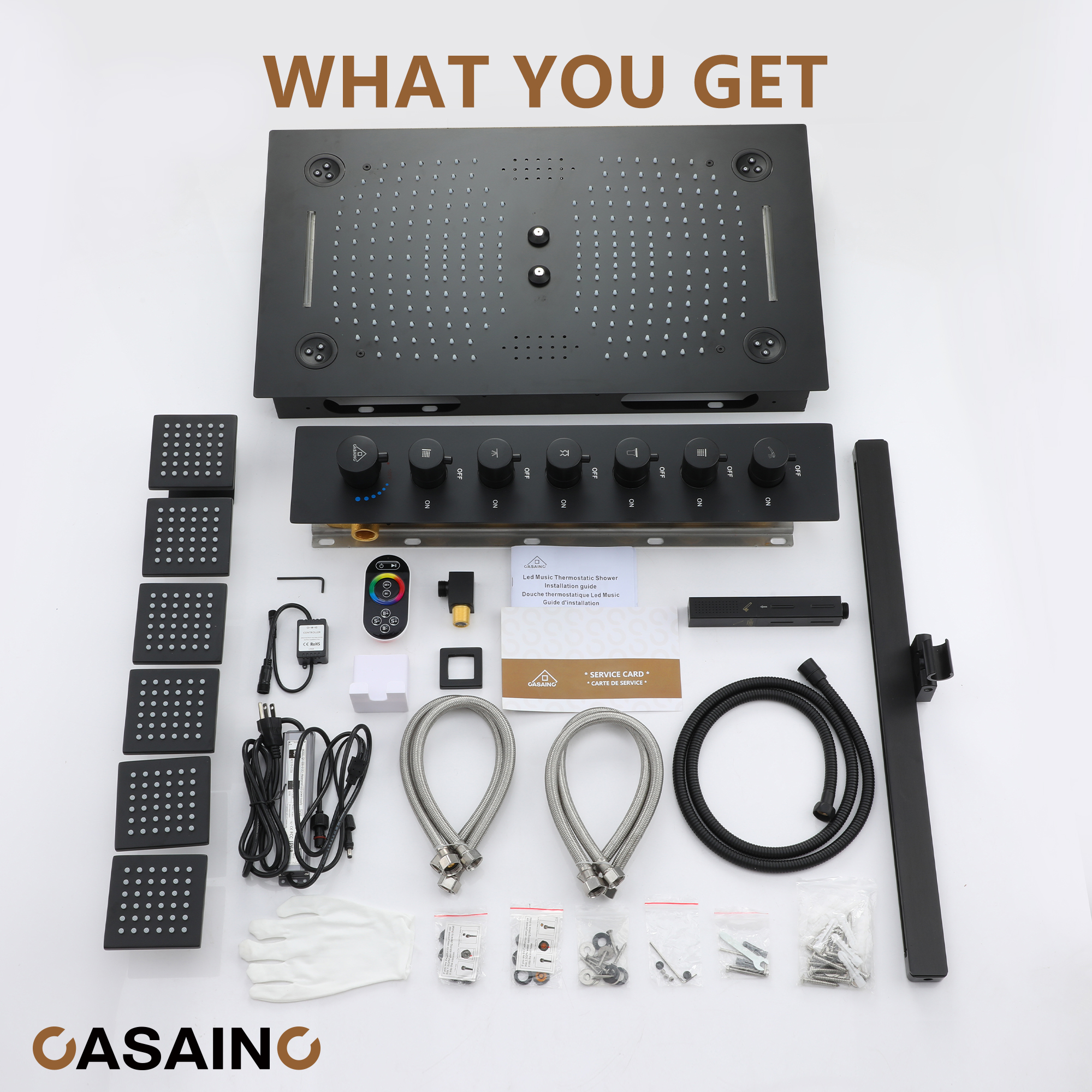 6-Function Luxury Thermostatic Shower System with 64 Color LED Lights & Slide Bar