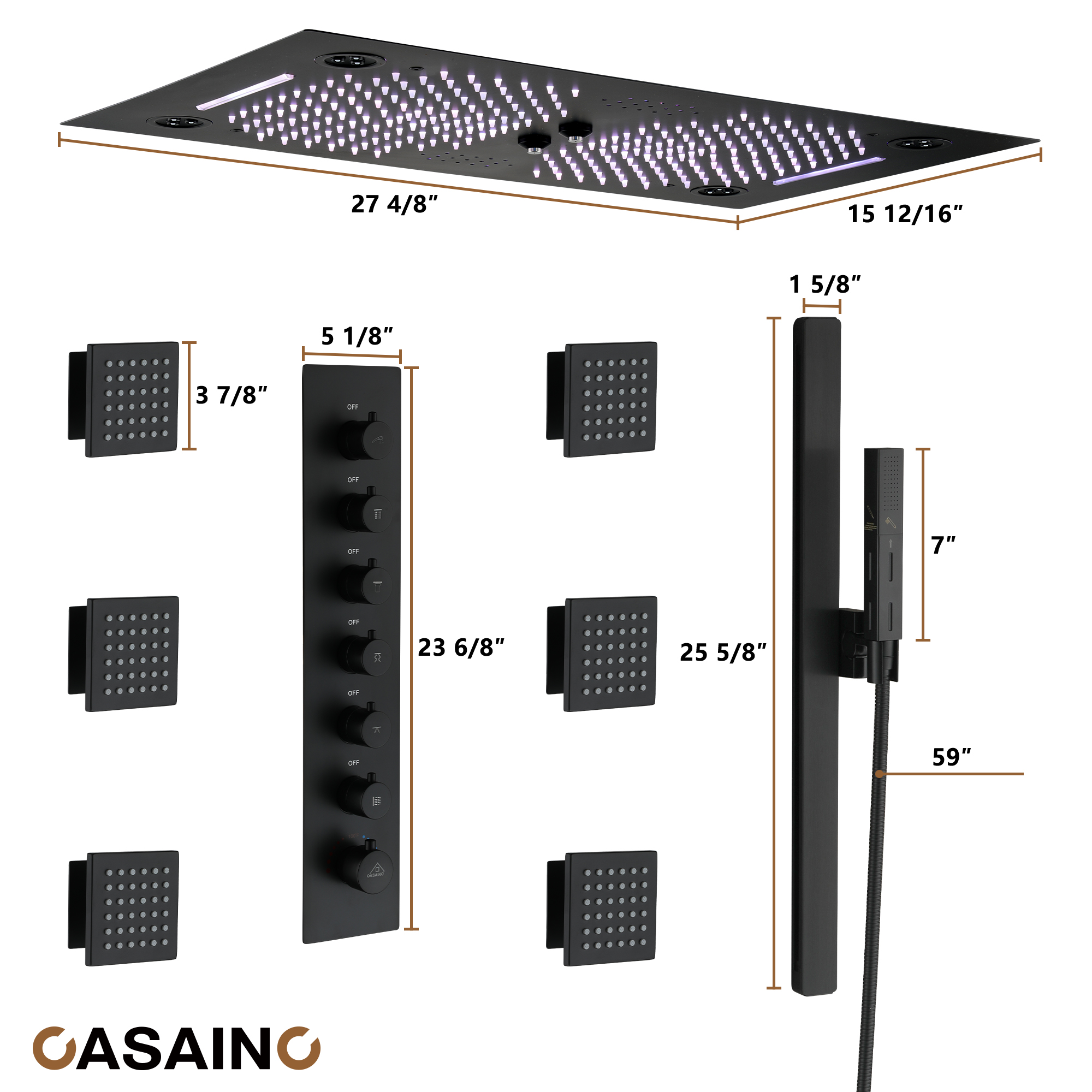 6-Function Luxury Thermostatic Shower System with 64 Color LED Lights & Slide Bar