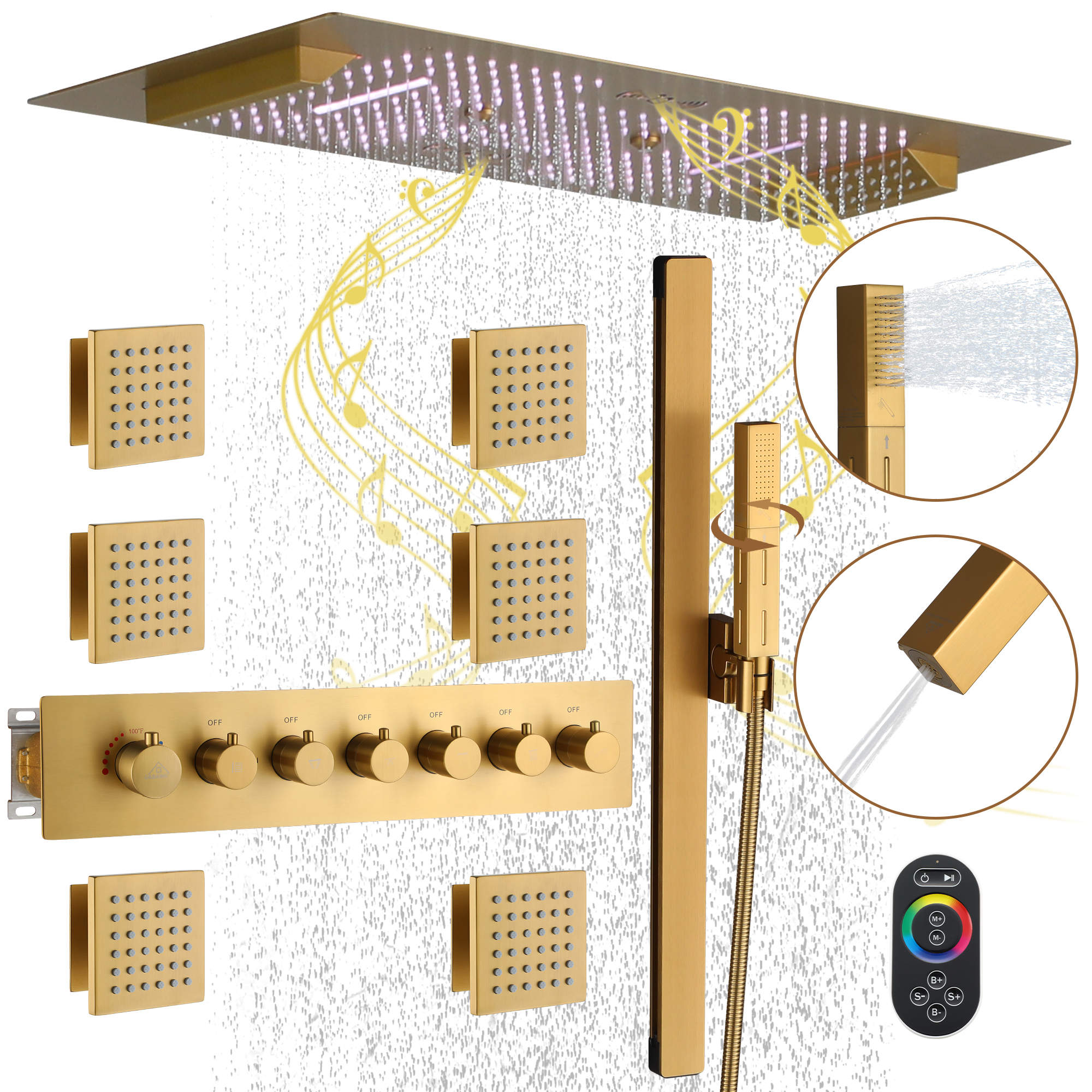 Rectangle Thermostatic Complete Shower System with LED Lights & Slide Bar