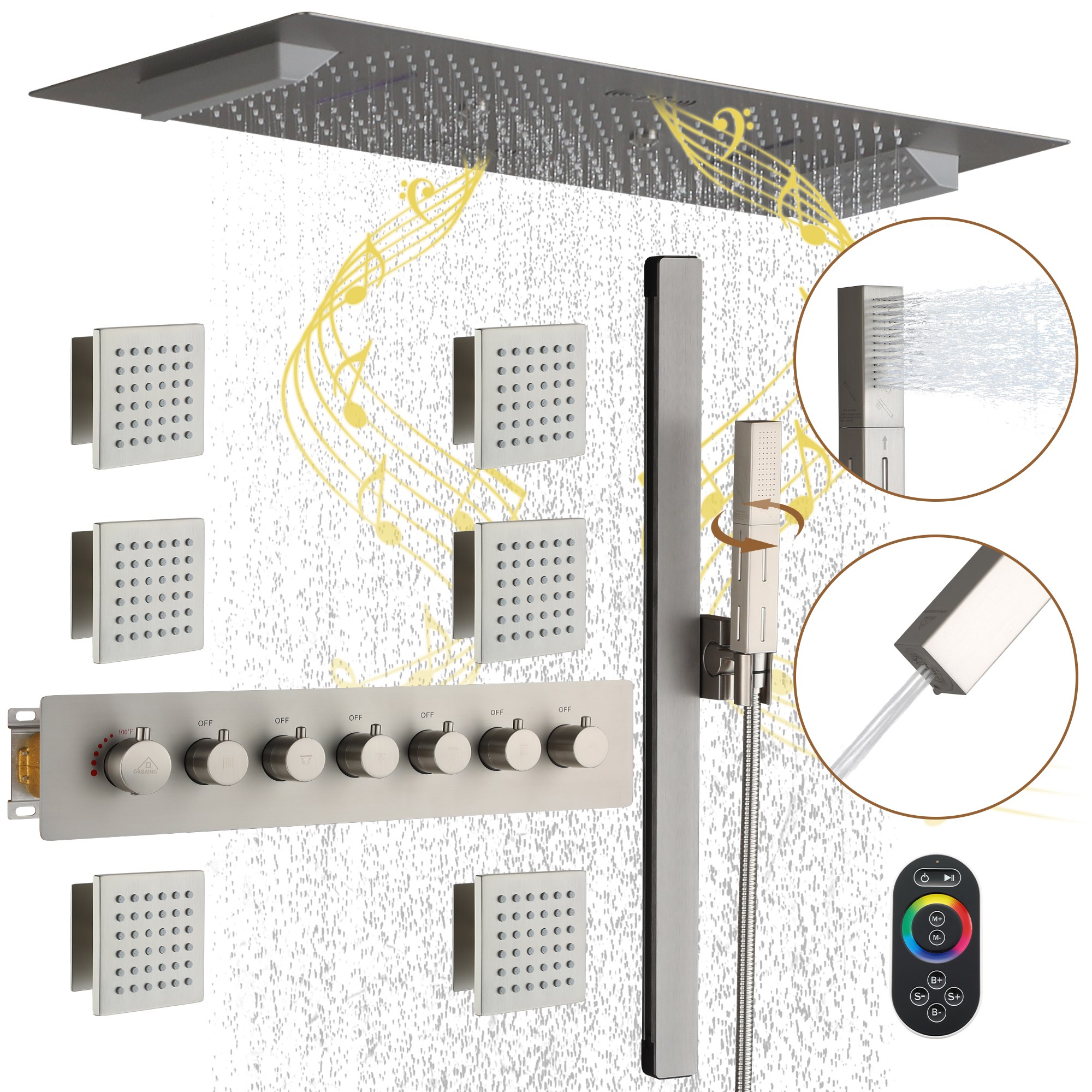 Rectangle Thermostatic Complete Shower System with LED Lights & Slide Bar