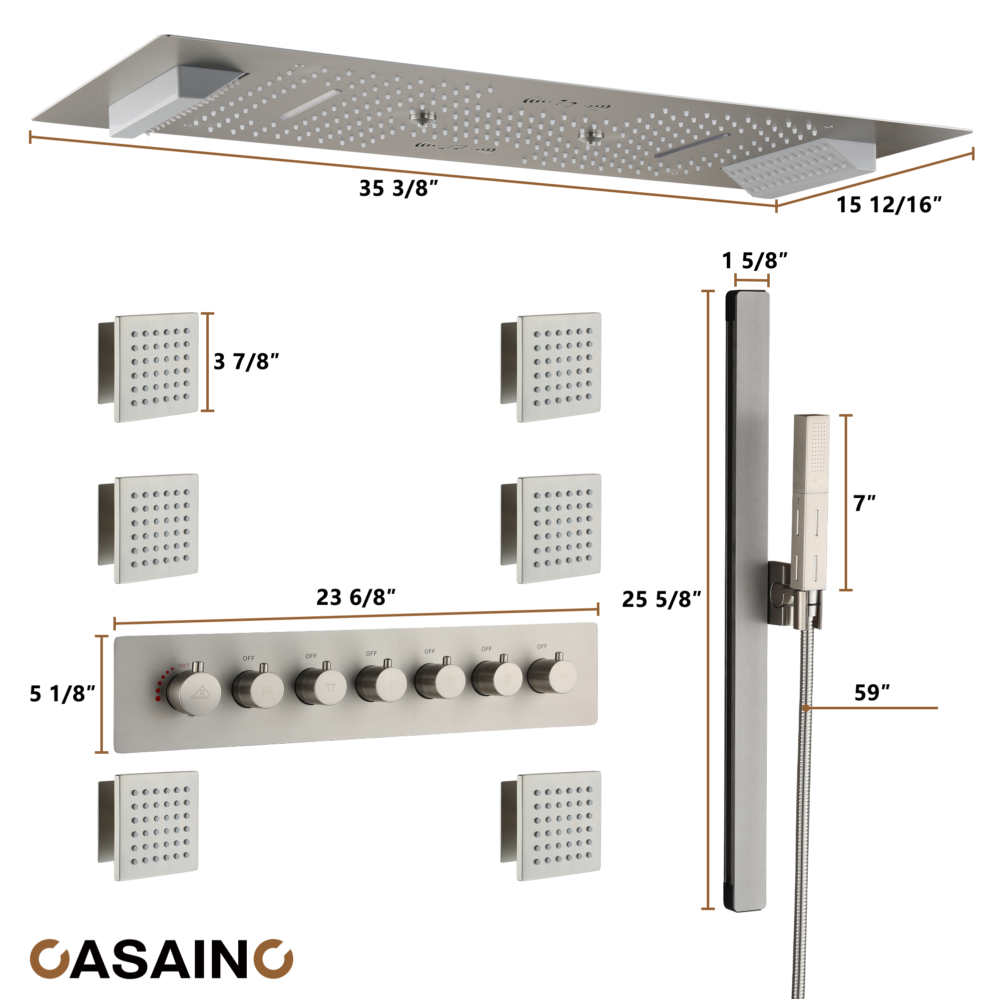 Rectangle Thermostatic Complete Shower System with LED Lights & Slide Bar