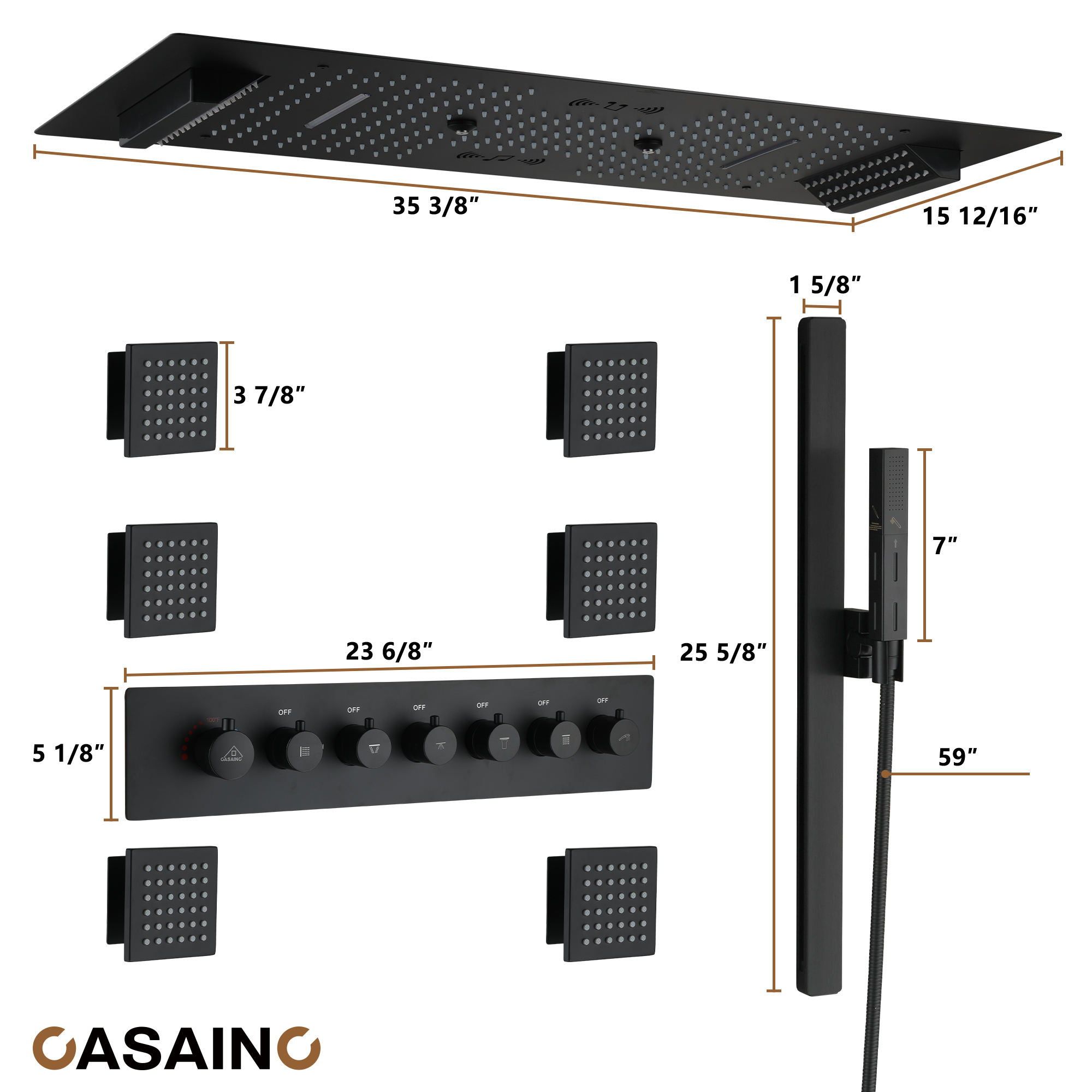 Rectangle Thermostatic Complete Shower System with LED Lights & Slide Bar