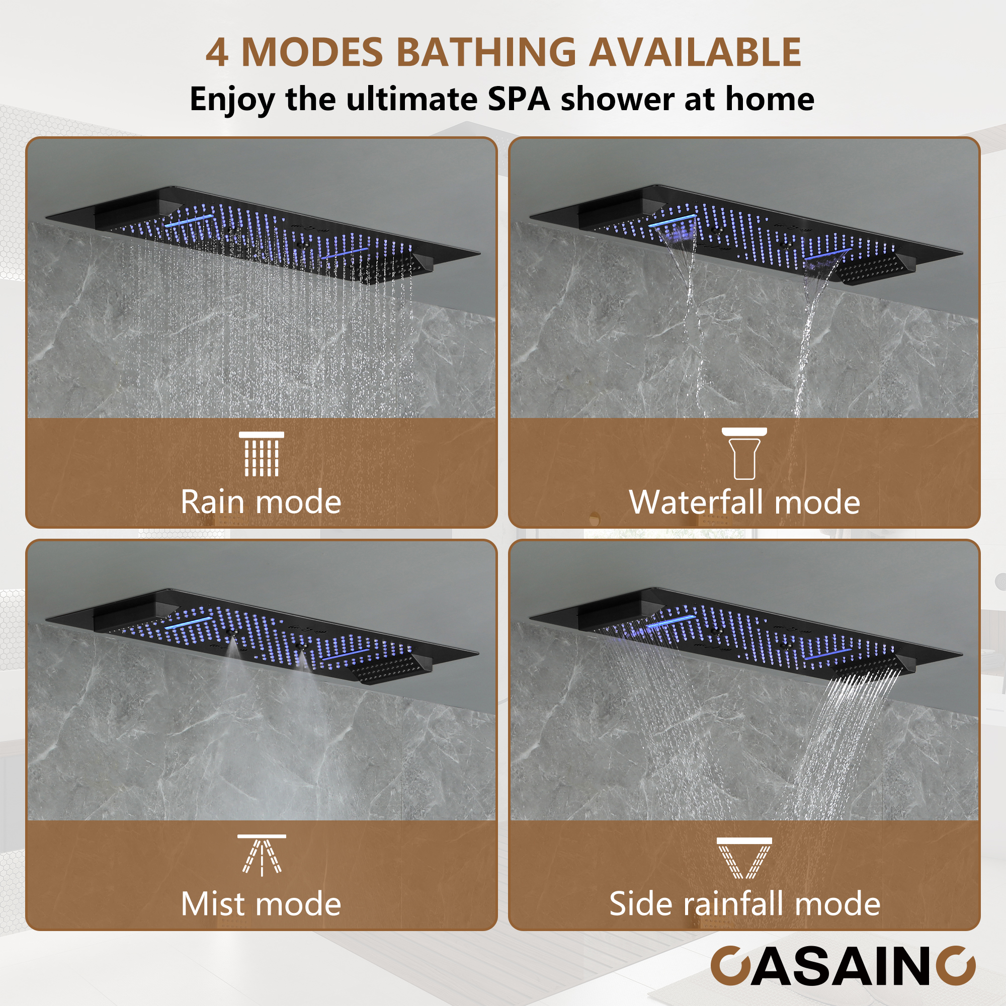 Rectangle Thermostatic Complete Shower System with LED Lights & Slide Bar