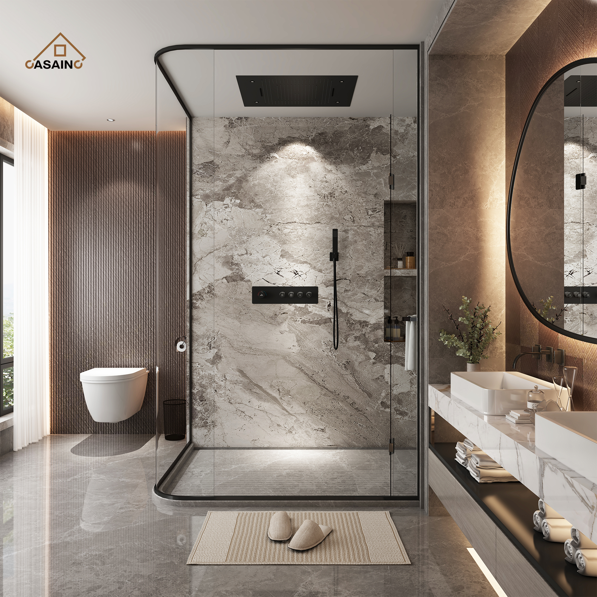 Rrectangular Ceiling-Mounted Thermostatic Shower System with LED Lights