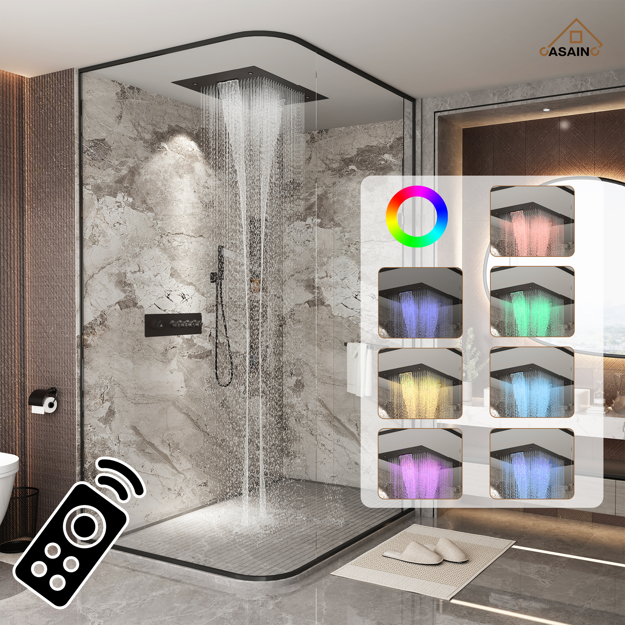 Rrectangular Ceiling-Mounted Thermostatic Shower System with LED Lights