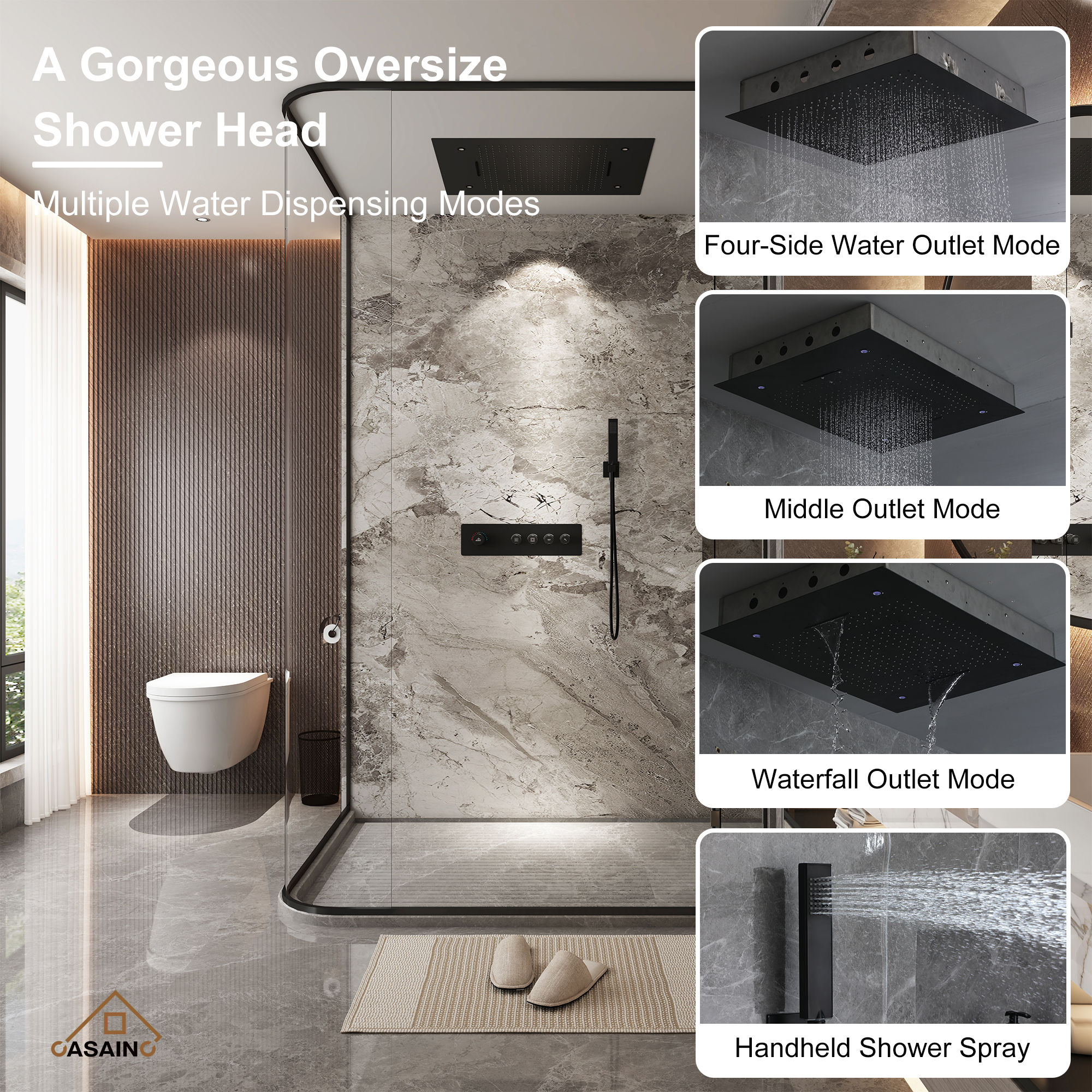 Rrectangular Ceiling-Mounted Thermostatic Shower System with LED Lights