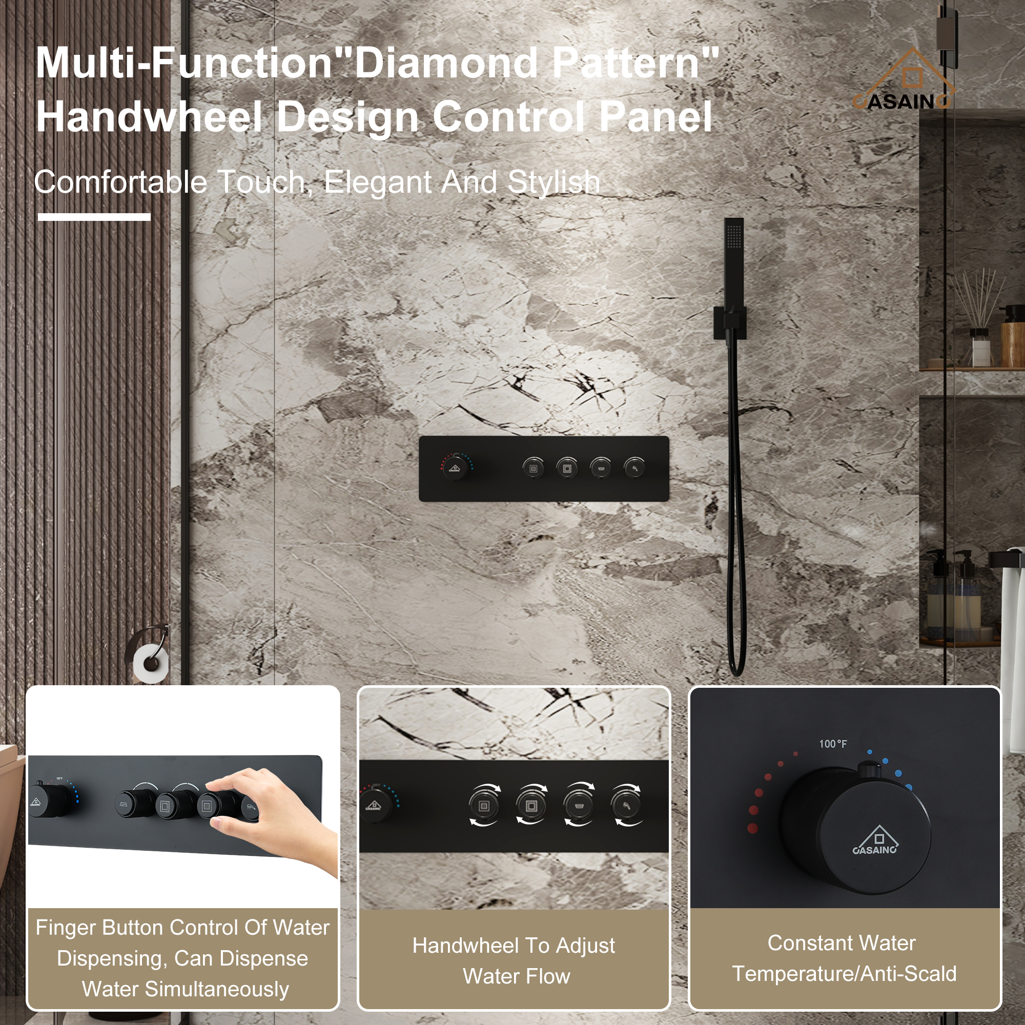 Rrectangular Ceiling-Mounted Thermostatic Shower System with LED Lights