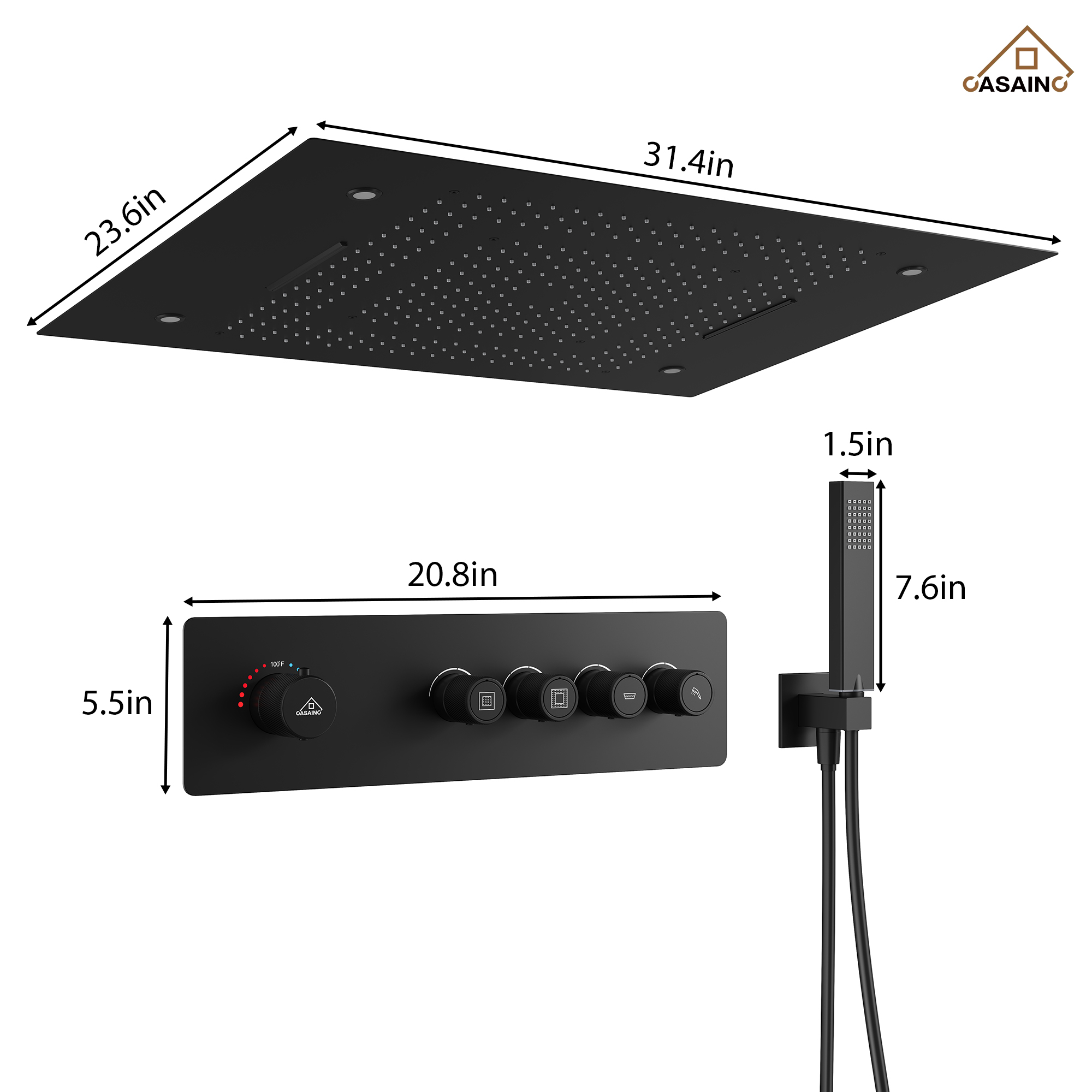 Rrectangular Ceiling-Mounted Thermostatic Shower System with LED Lights