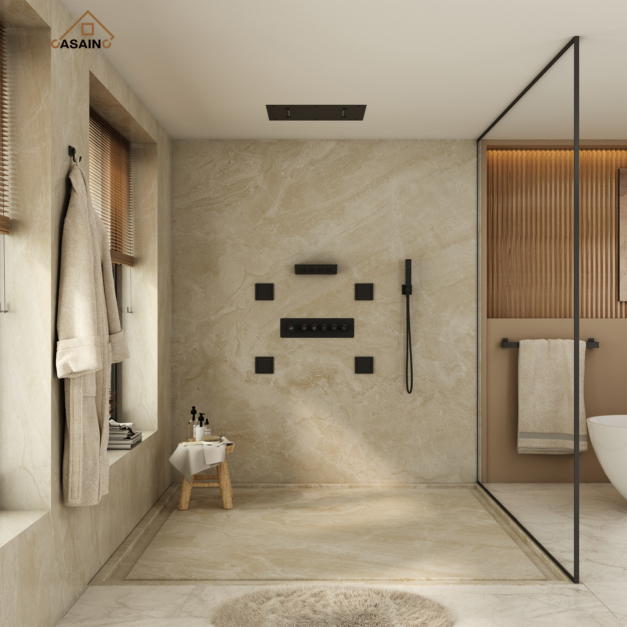 Ceiling-Mounted 5-Function Thermostatic Luxury Shower System with Body Jets