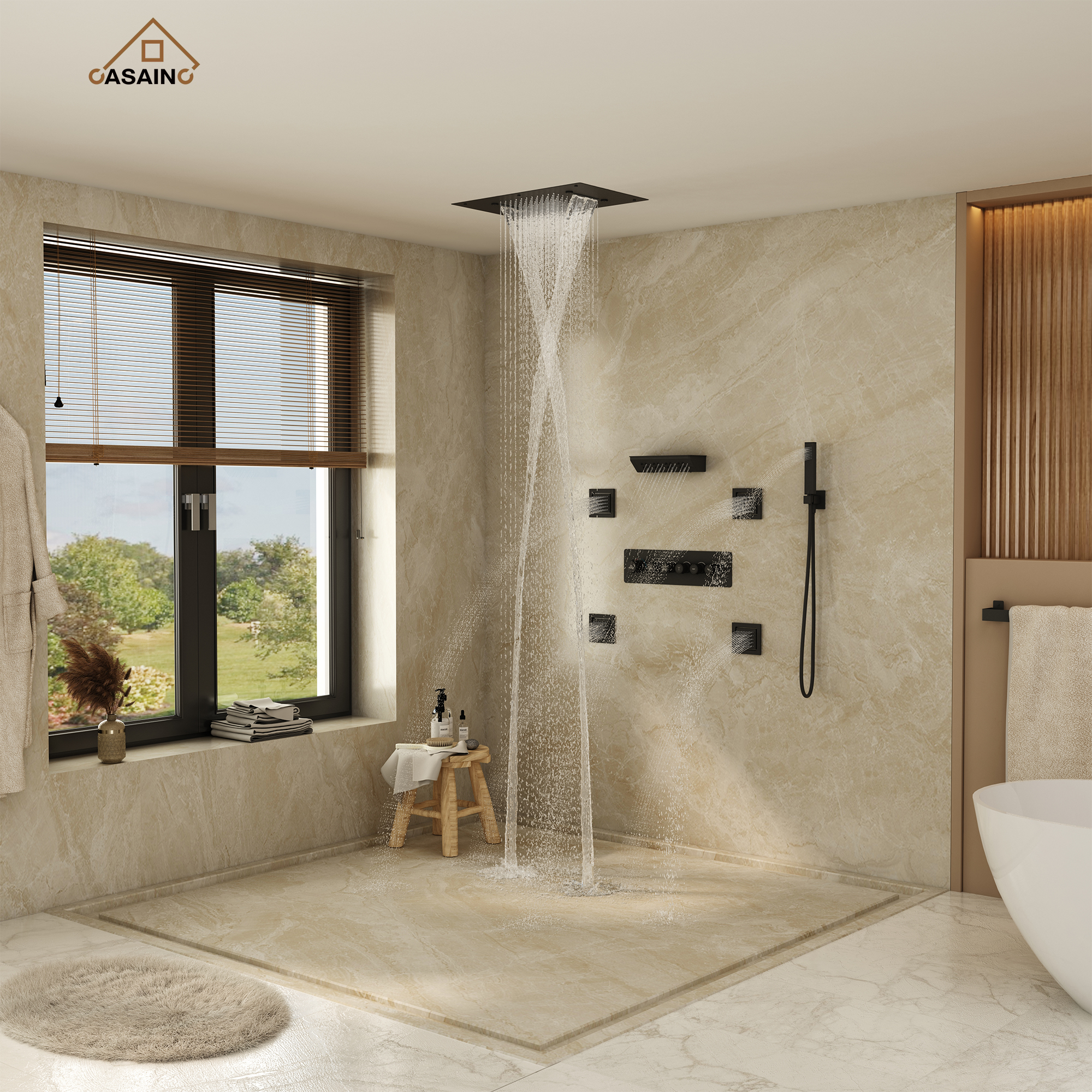 Ceiling-Mounted 5-Function Thermostatic Luxury Shower System with Body Jets