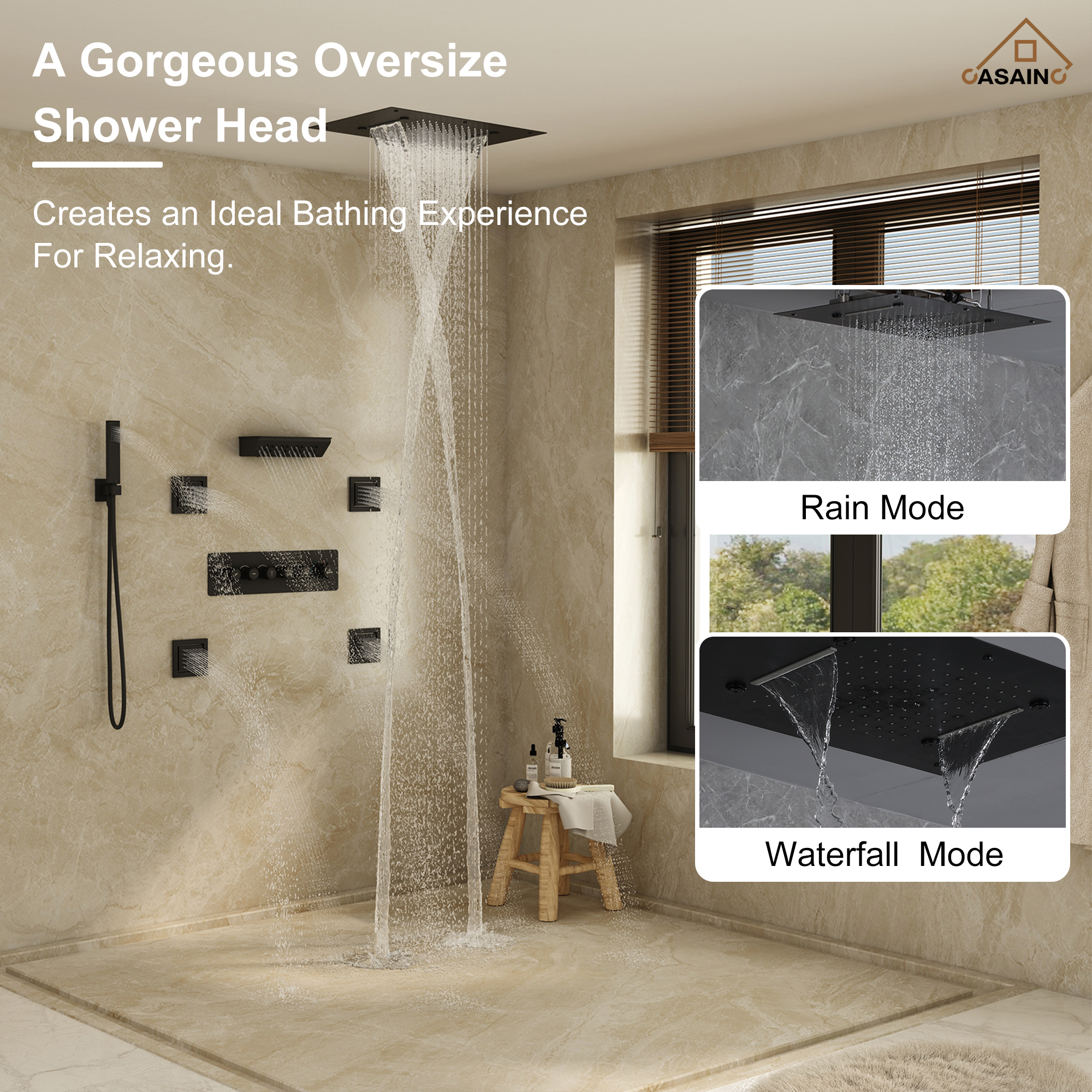 Ceiling-Mounted 5-Function Thermostatic Luxury Shower System with Body Jets