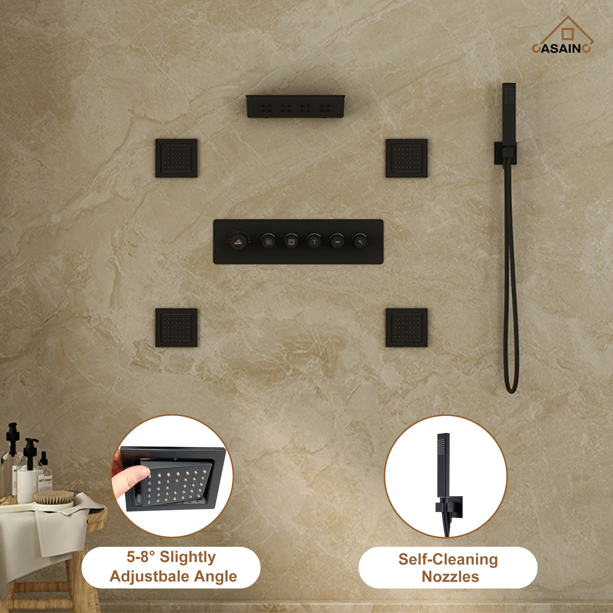 Ceiling-Mounted 5-Function Thermostatic Luxury Shower System with Body Jets