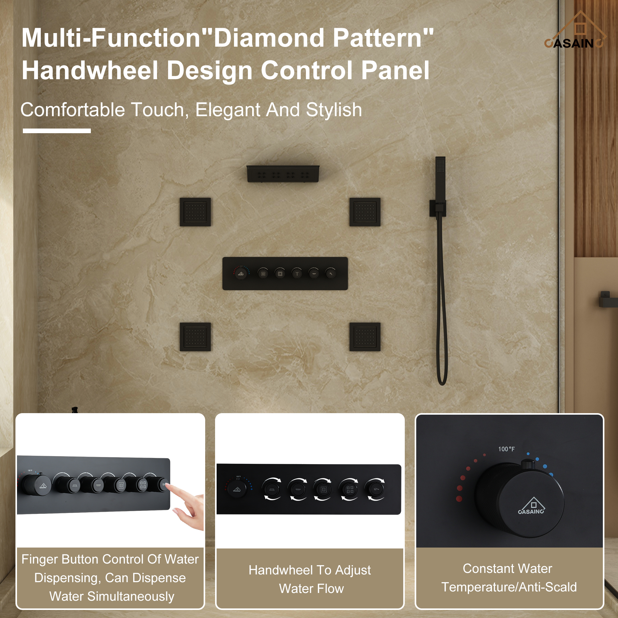 Ceiling-Mounted 5-Function Thermostatic Luxury Shower System with Body Jets