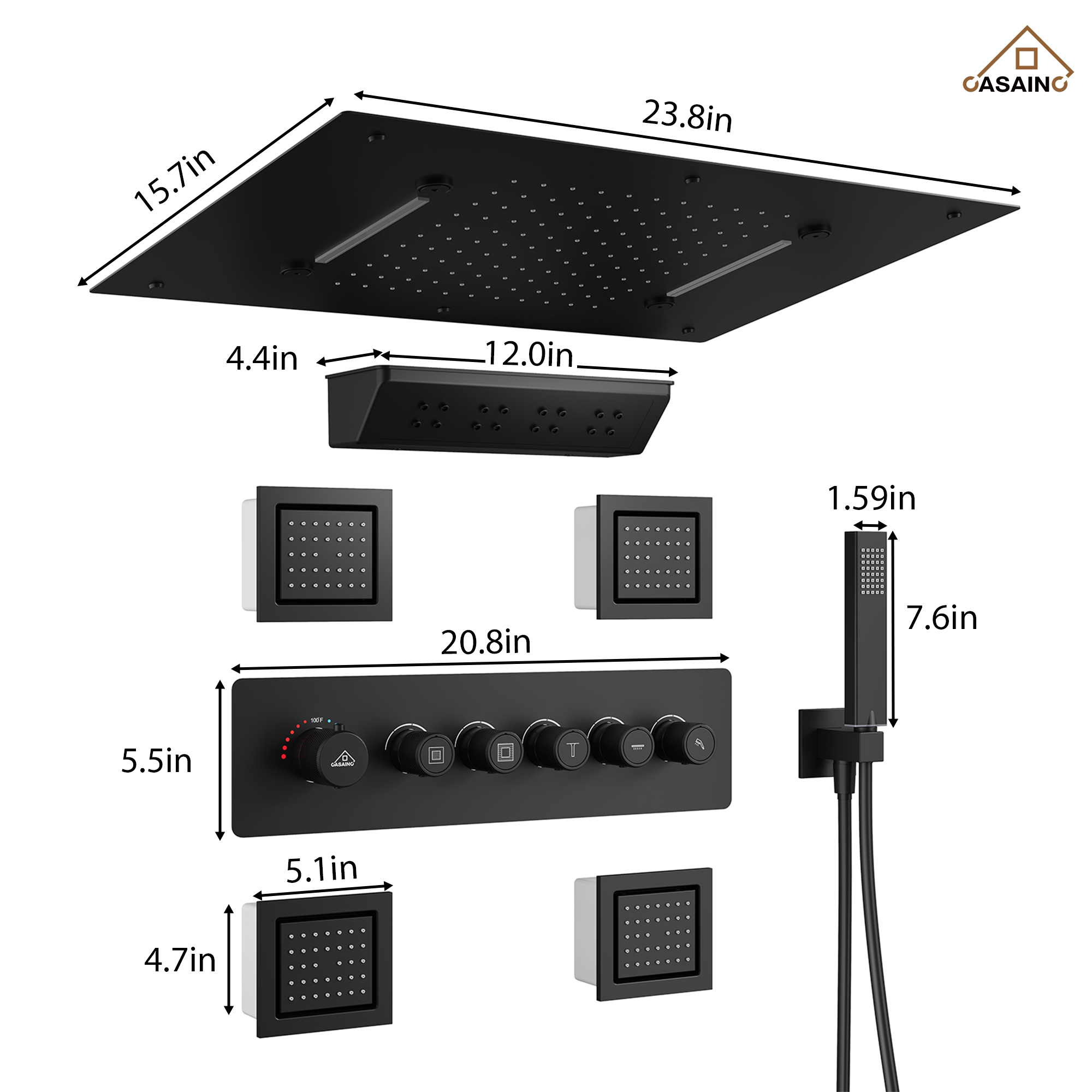 Ceiling-Mounted 5-Function Thermostatic Luxury Shower System with Body Jets
