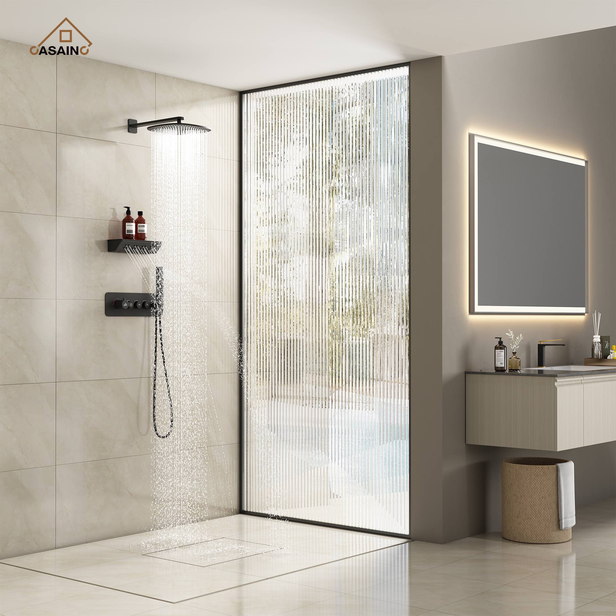 12" Wall-Mounted Thermostatic Shower System with Side Massage Spout