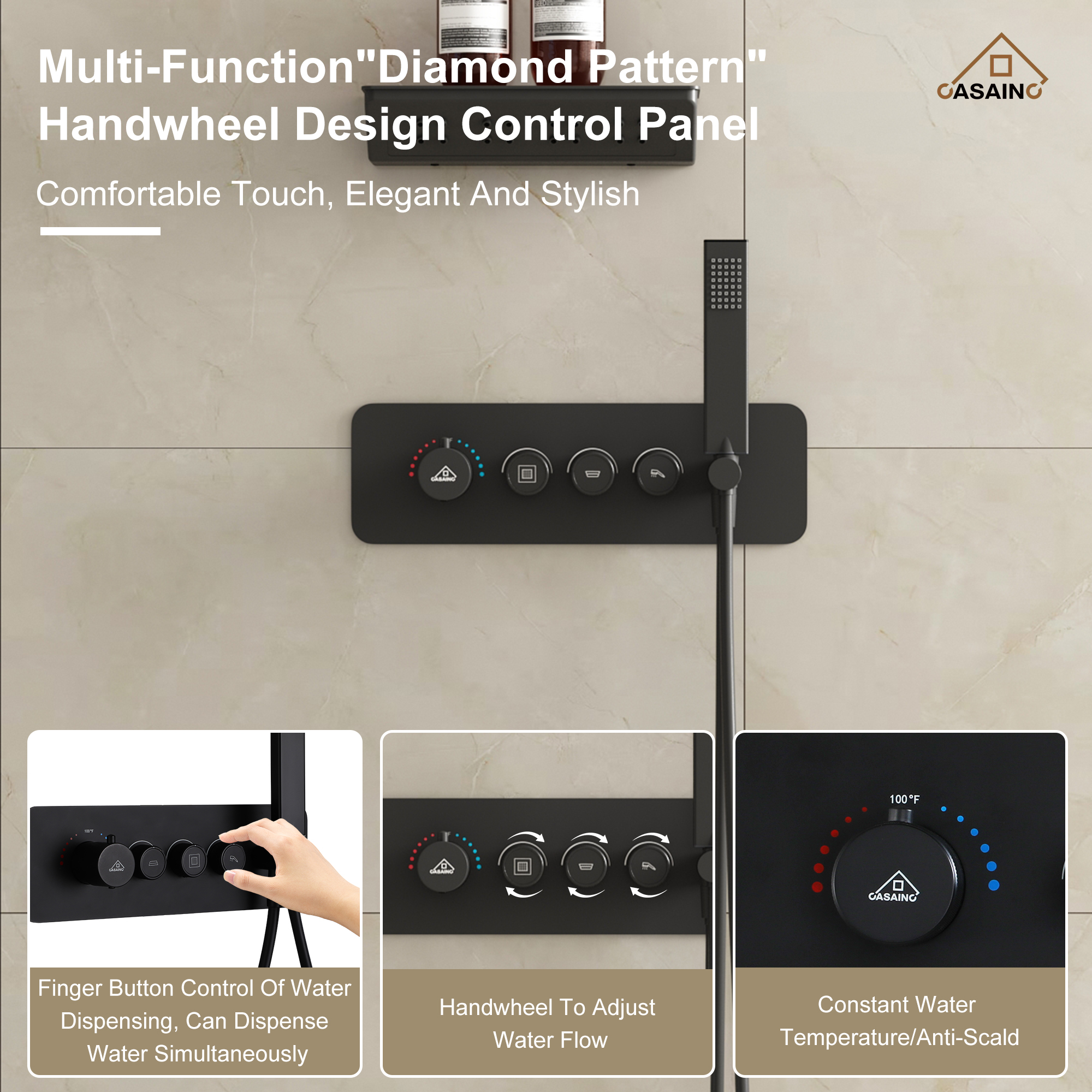 12" Wall-Mounted Thermostatic Shower System with Side Massage Spout