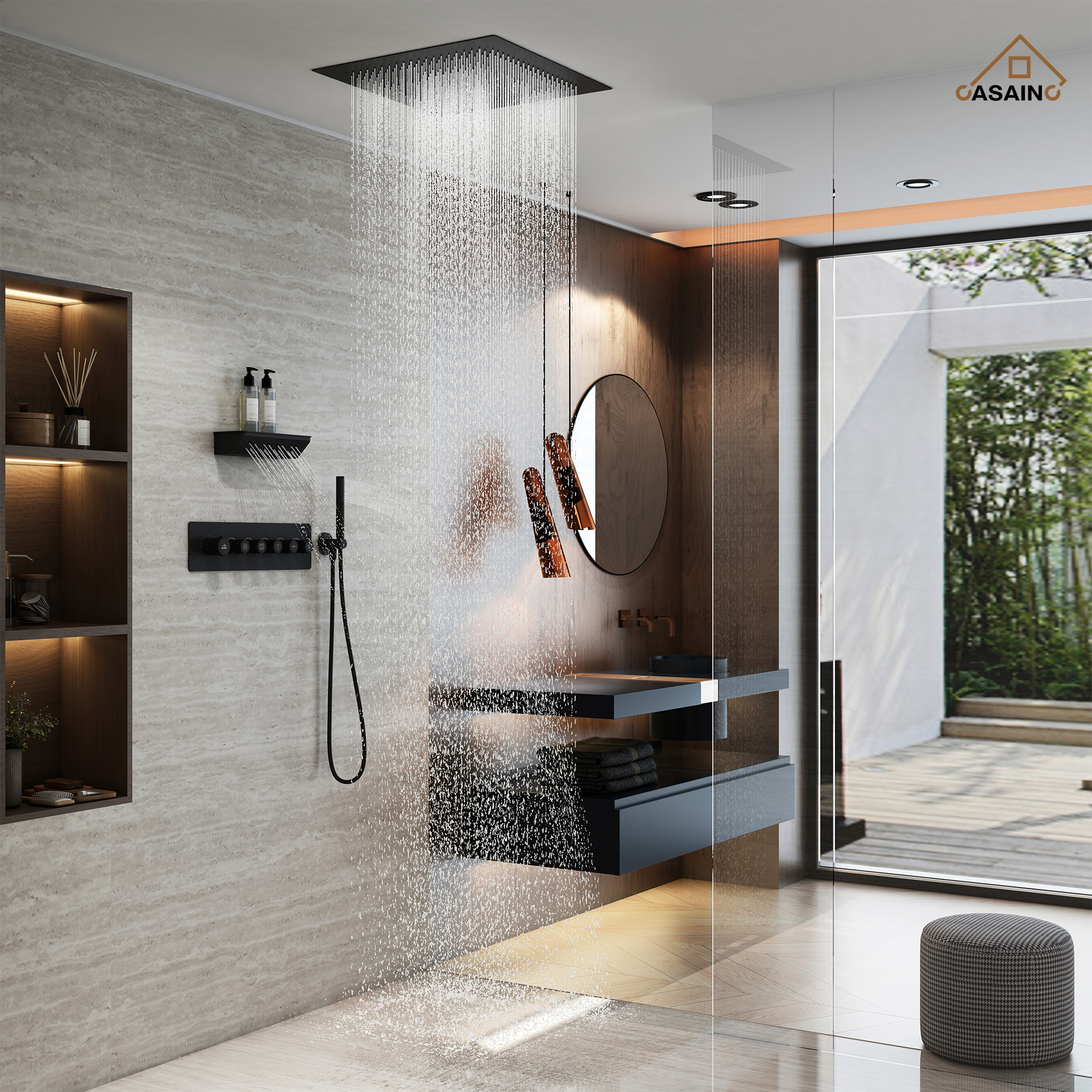 23.6" Luxurious 5-Function Ceiling-Mounted Thermostatic Shower System with Neck Spa Outlet