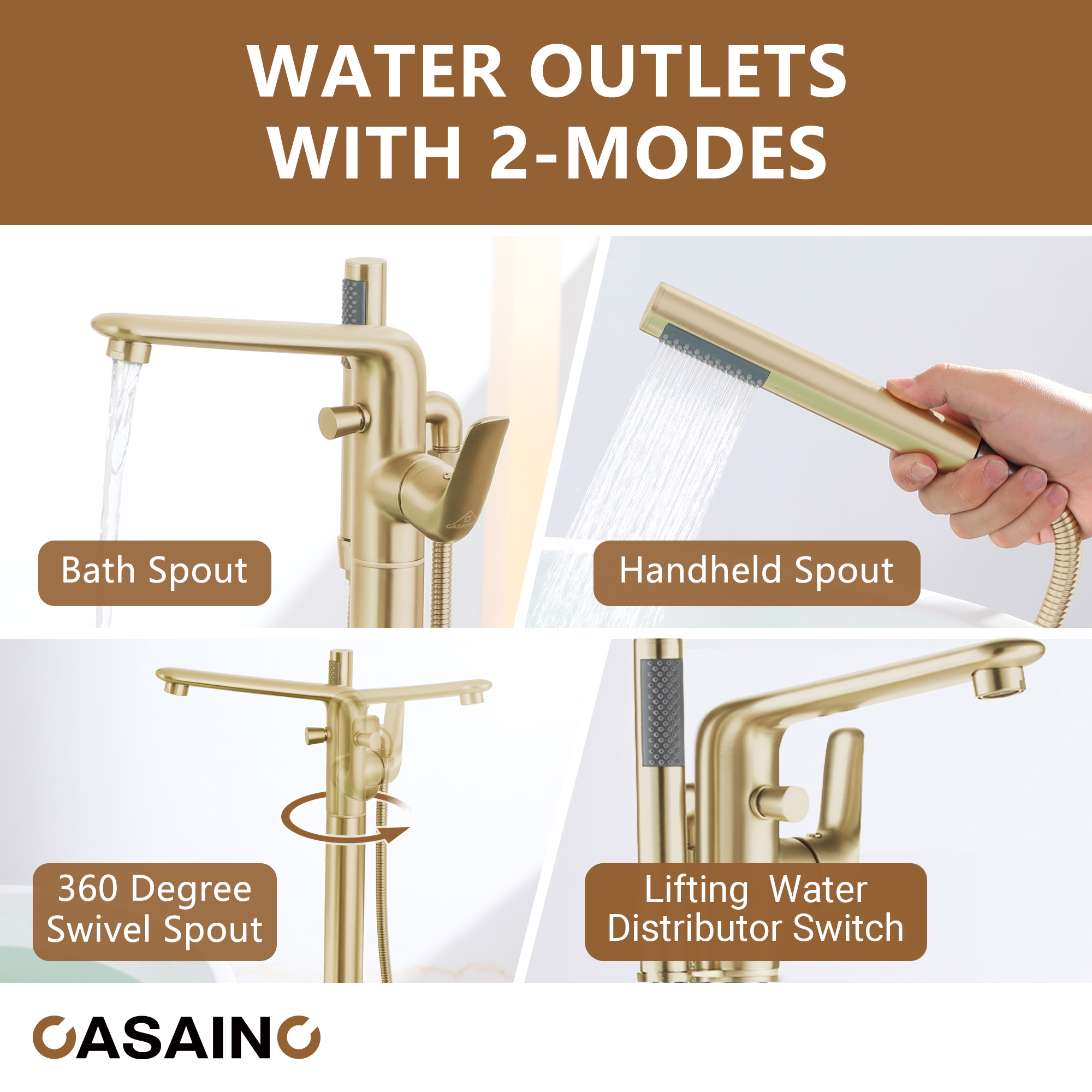 Stand Alone Brass Tub Faucet Waterfall Freestanding Bathtub Filler with Hand Shower