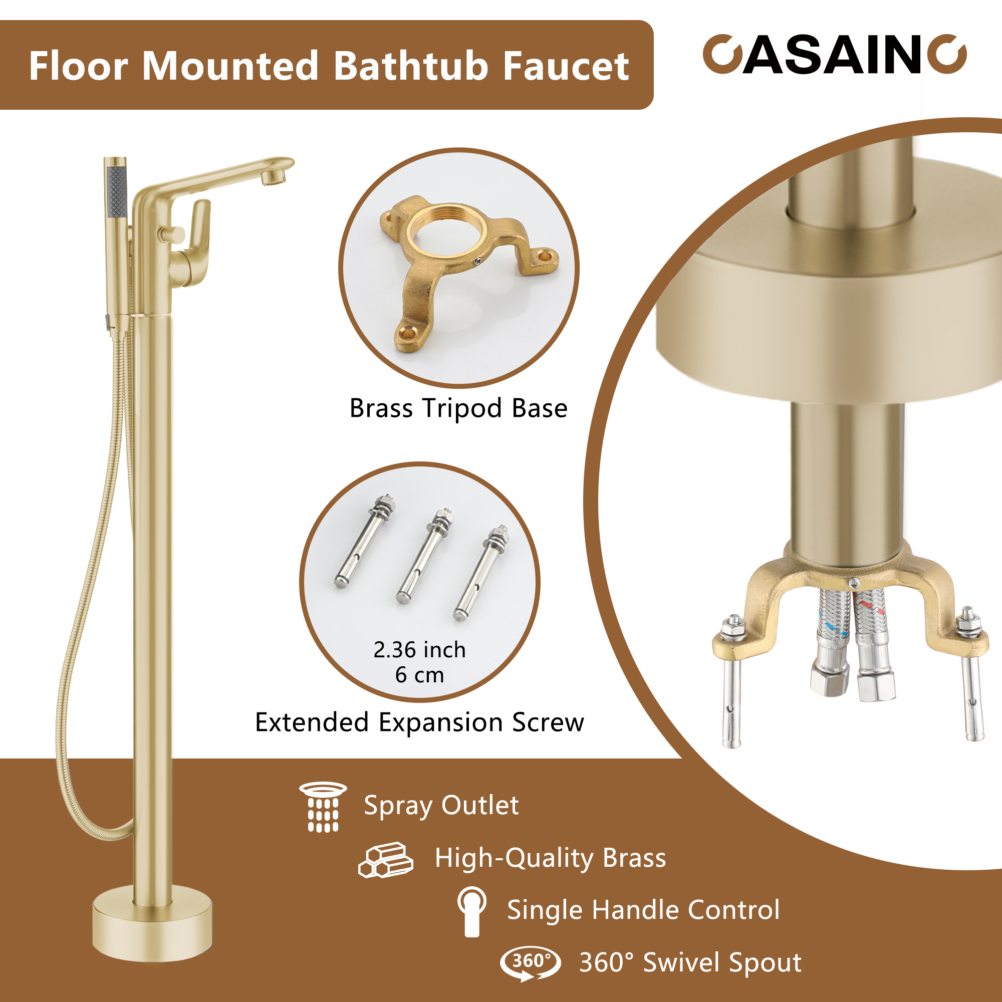 Stand Alone Brass Tub Faucet Waterfall Freestanding Bathtub Filler with Hand Shower