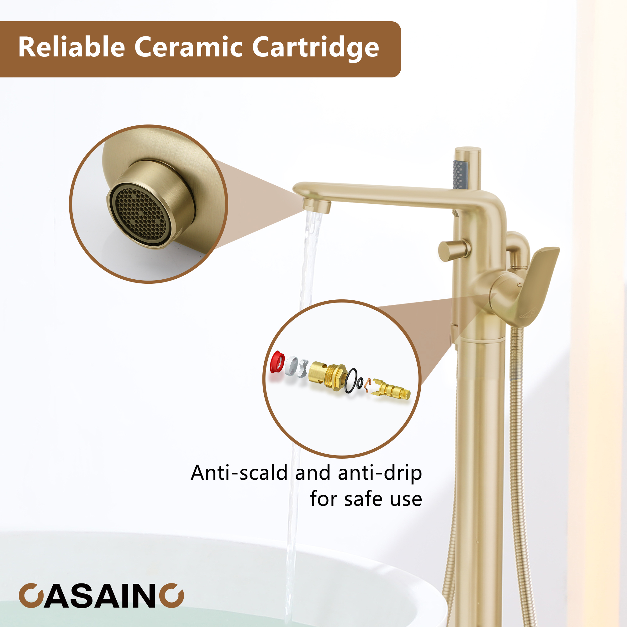 Stand Alone Brass Tub Faucet Waterfall Freestanding Bathtub Filler with Hand Shower