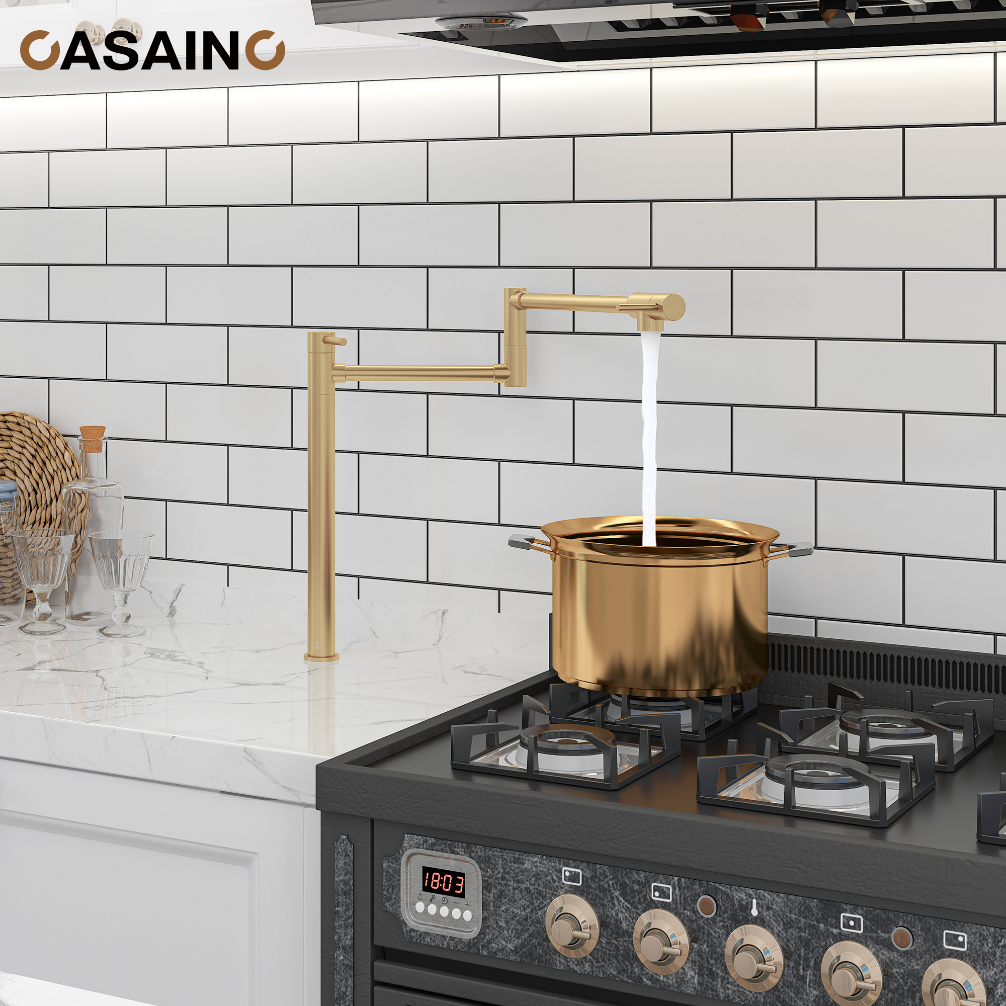 Pot Filler Faucet Deck Mount Stove Faucet Kitchen Dual Handle Folding Faucet with Stretchable Double Joint Swing Arm