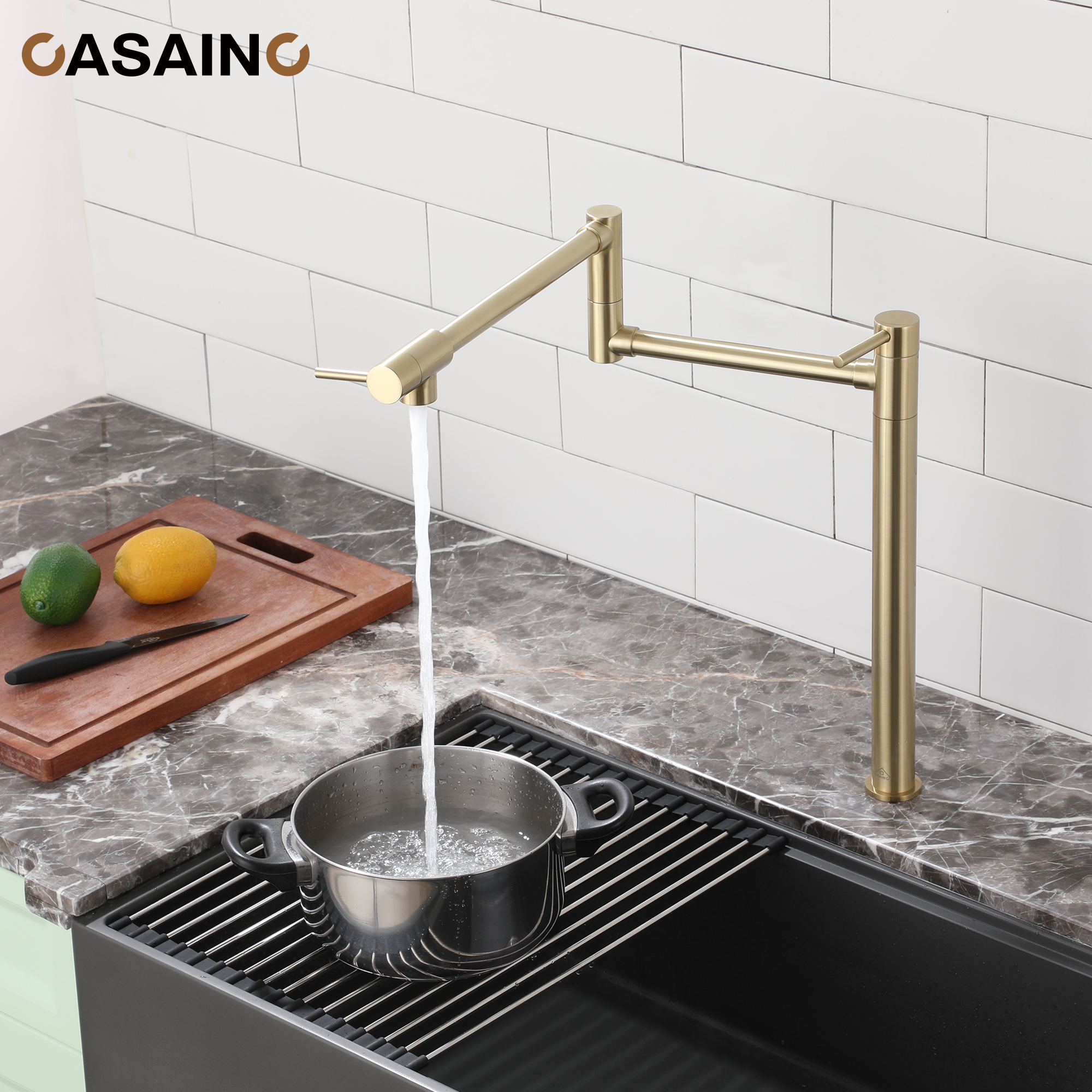 Pot Filler Faucet Deck Mount Stove Faucet Kitchen Dual Handle Folding Faucet with Stretchable Double Joint Swing Arm