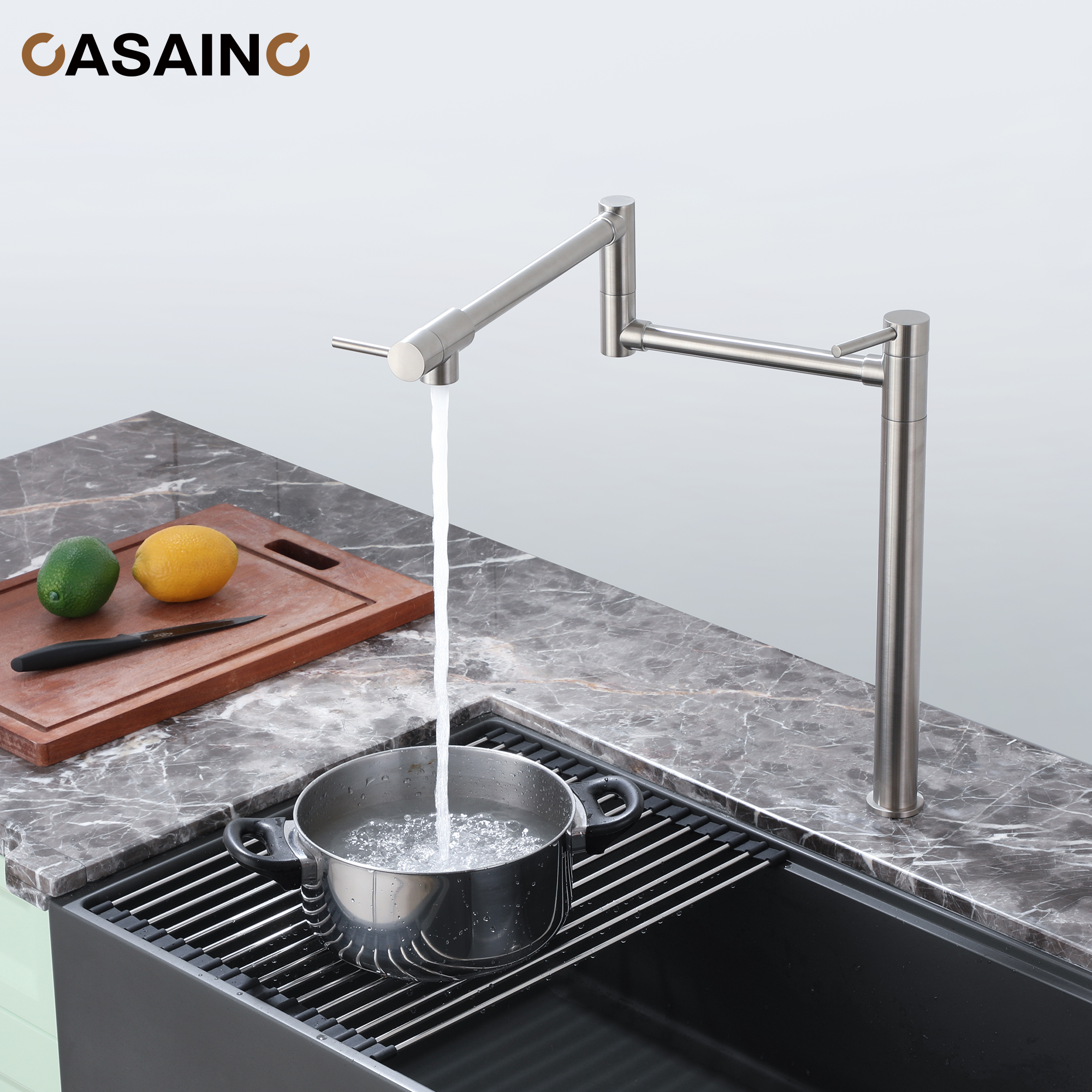 Pot Filler Faucet Deck Mount Stove Faucet Kitchen Dual Handle Folding Faucet with Stretchable Double Joint Swing Arm