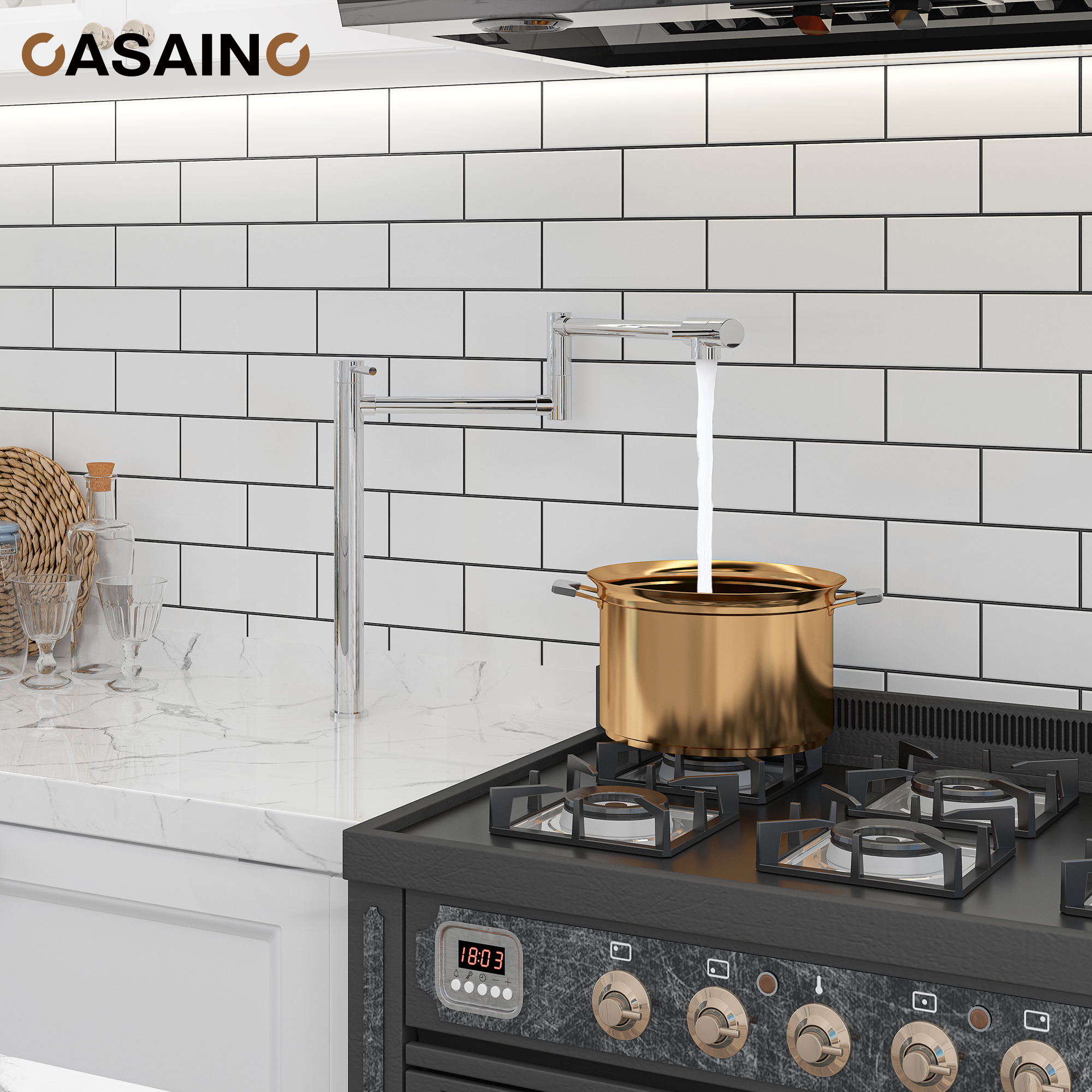 Pot Filler Faucet Deck Mount Stove Faucet Kitchen Dual Handle Folding Faucet with Stretchable Double Joint Swing Arm