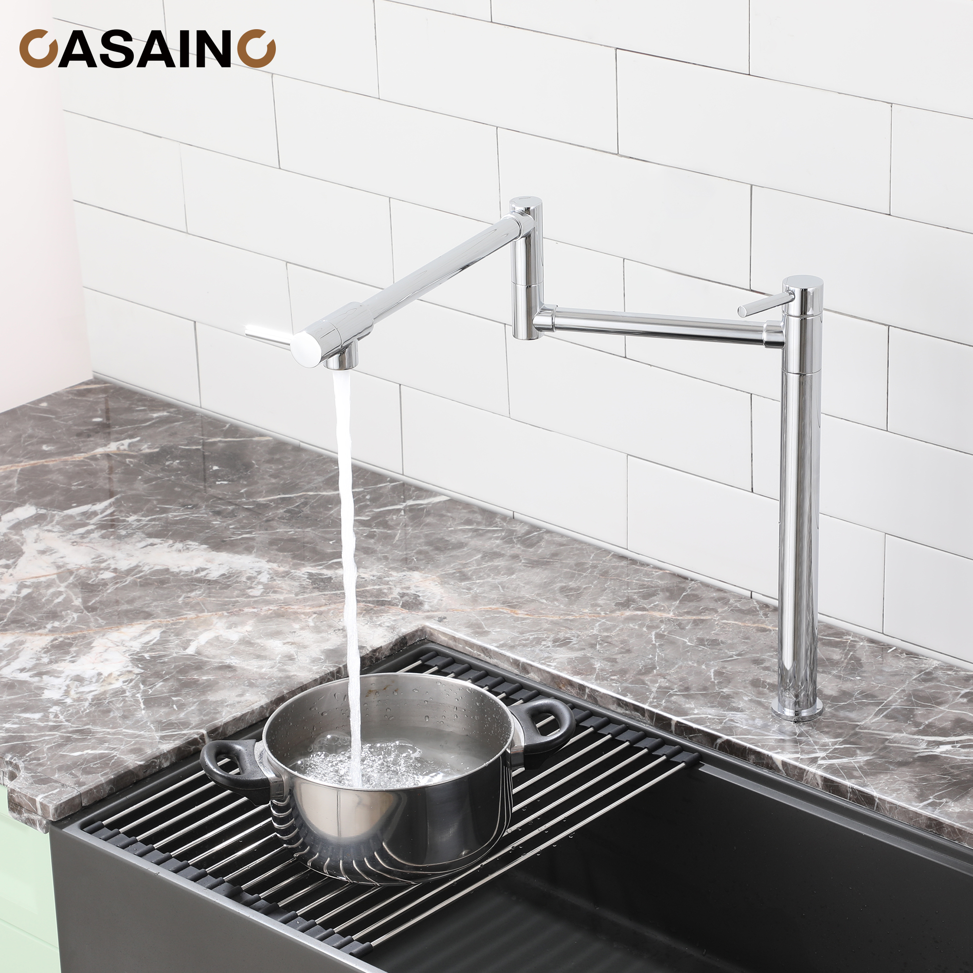 Pot Filler Faucet Deck Mount Stove Faucet Kitchen Dual Handle Folding Faucet with Stretchable Double Joint Swing Arm