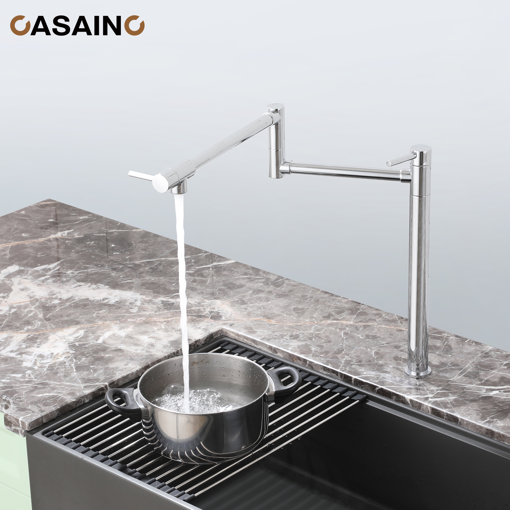 Pot Filler Faucet Deck Mount Stove Faucet Kitchen Dual Handle Folding Faucet with Stretchable Double Joint Swing Arm