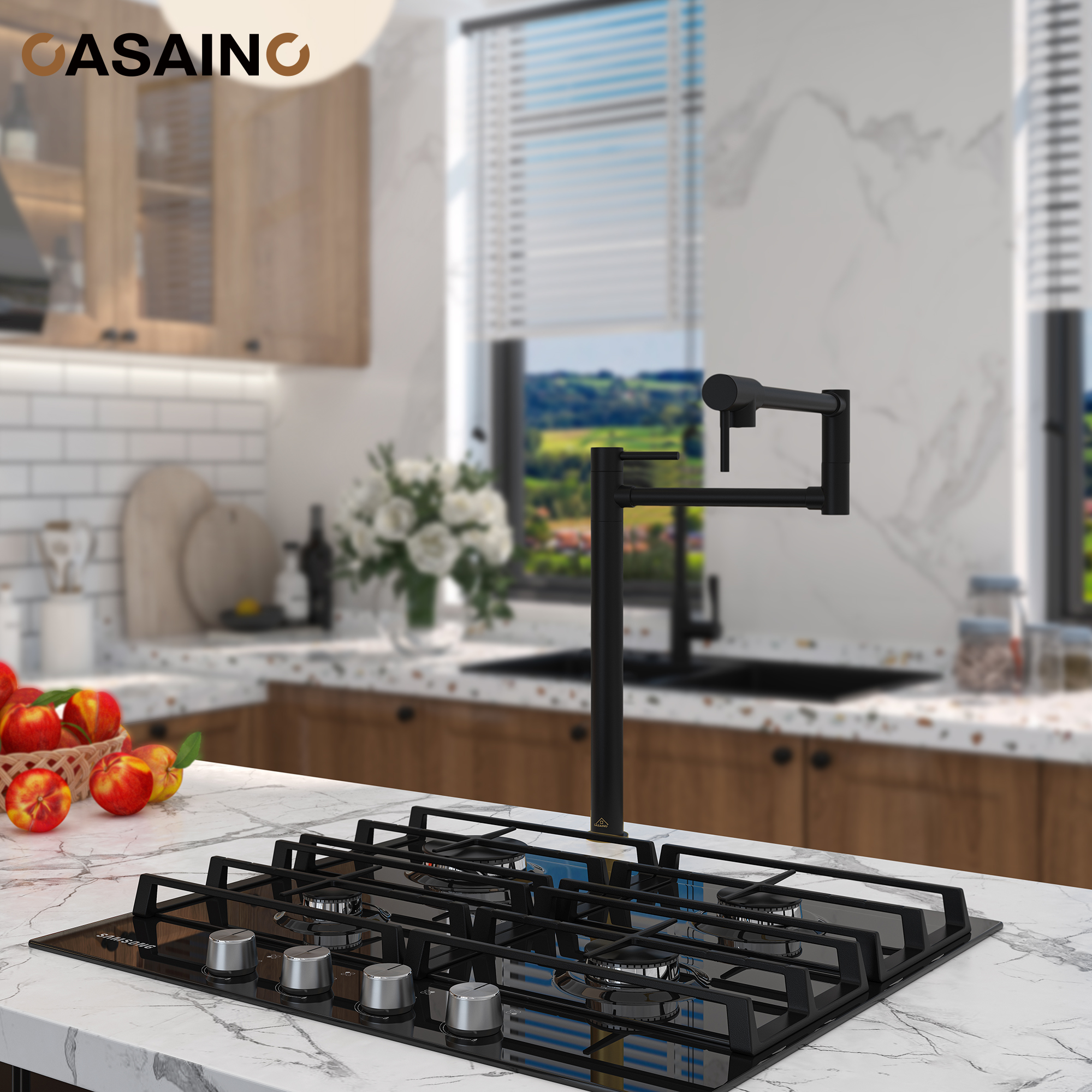 Pot Filler Faucet Deck Mount Stove Faucet Kitchen Dual Handle Folding Faucet with Stretchable Double Joint Swing Arm