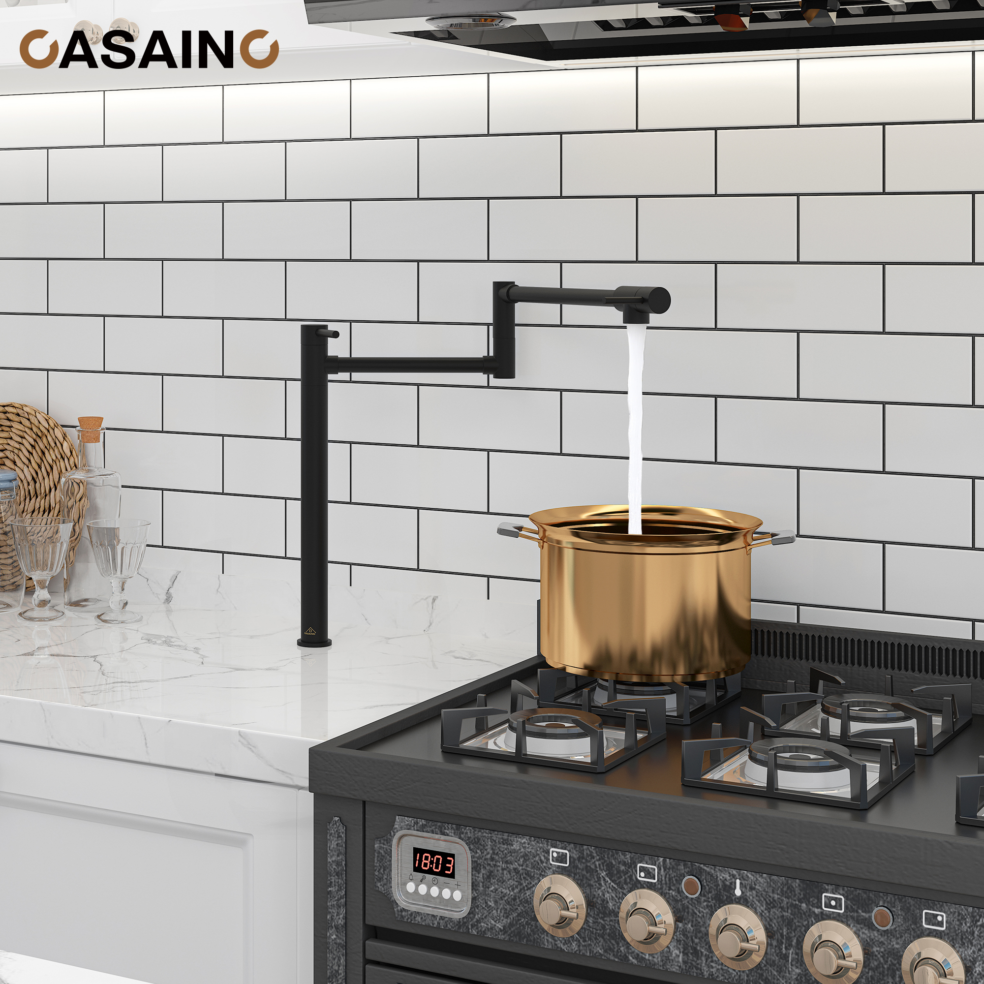 Pot Filler Faucet Deck Mount Stove Faucet Kitchen Dual Handle Folding Faucet with Stretchable Double Joint Swing Arm