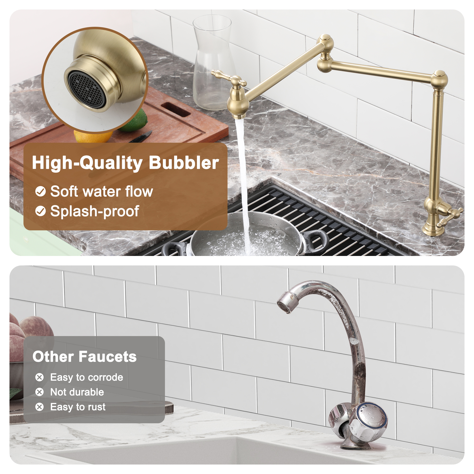 Deck-Mounted Double Handle Pot Filler Kitchen Faucet Stove Faucet with Folding Stretchable Double-Jointed Arm