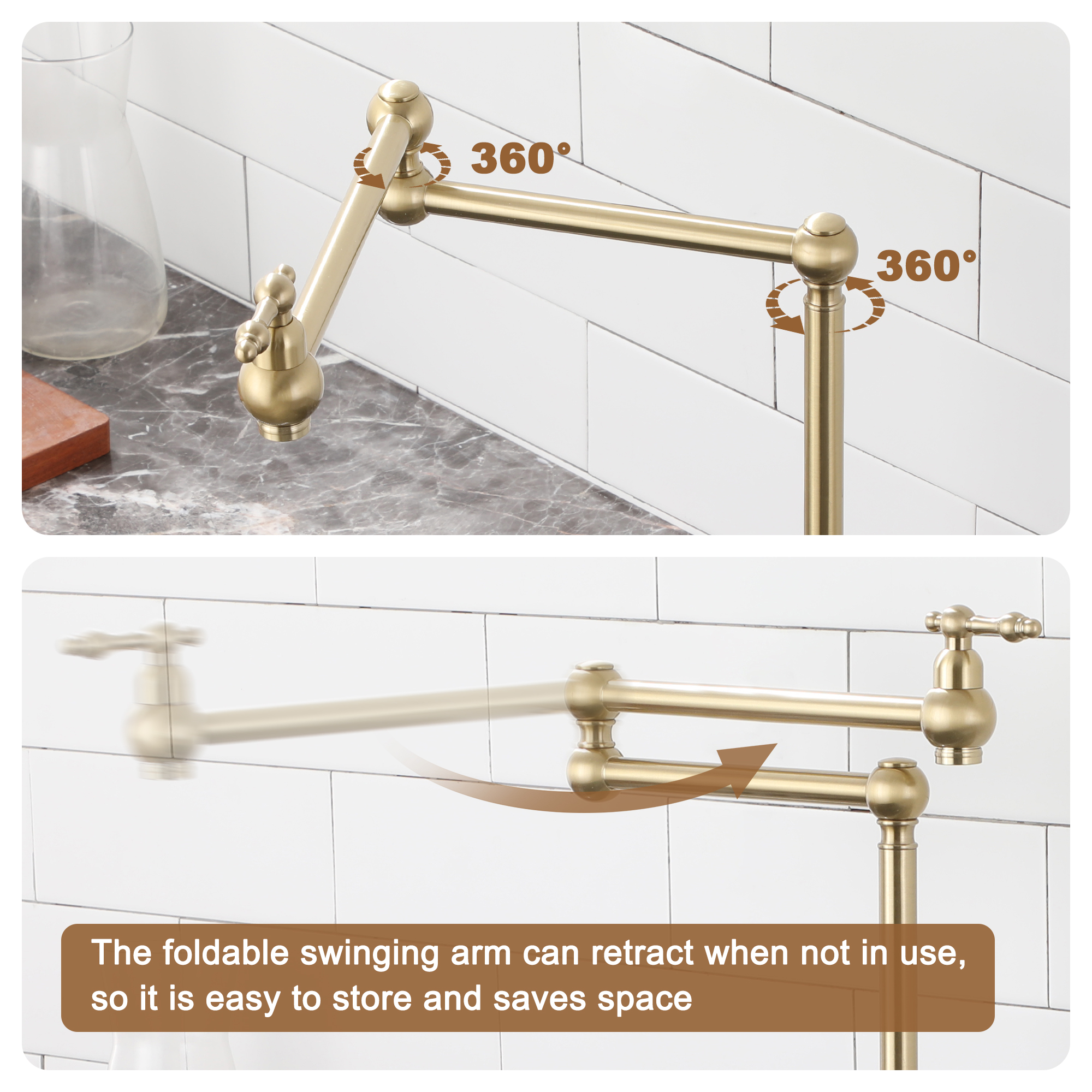 Deck-Mounted Double Handle Pot Filler Kitchen Faucet Stove Faucet with Folding Stretchable Double-Jointed Arm