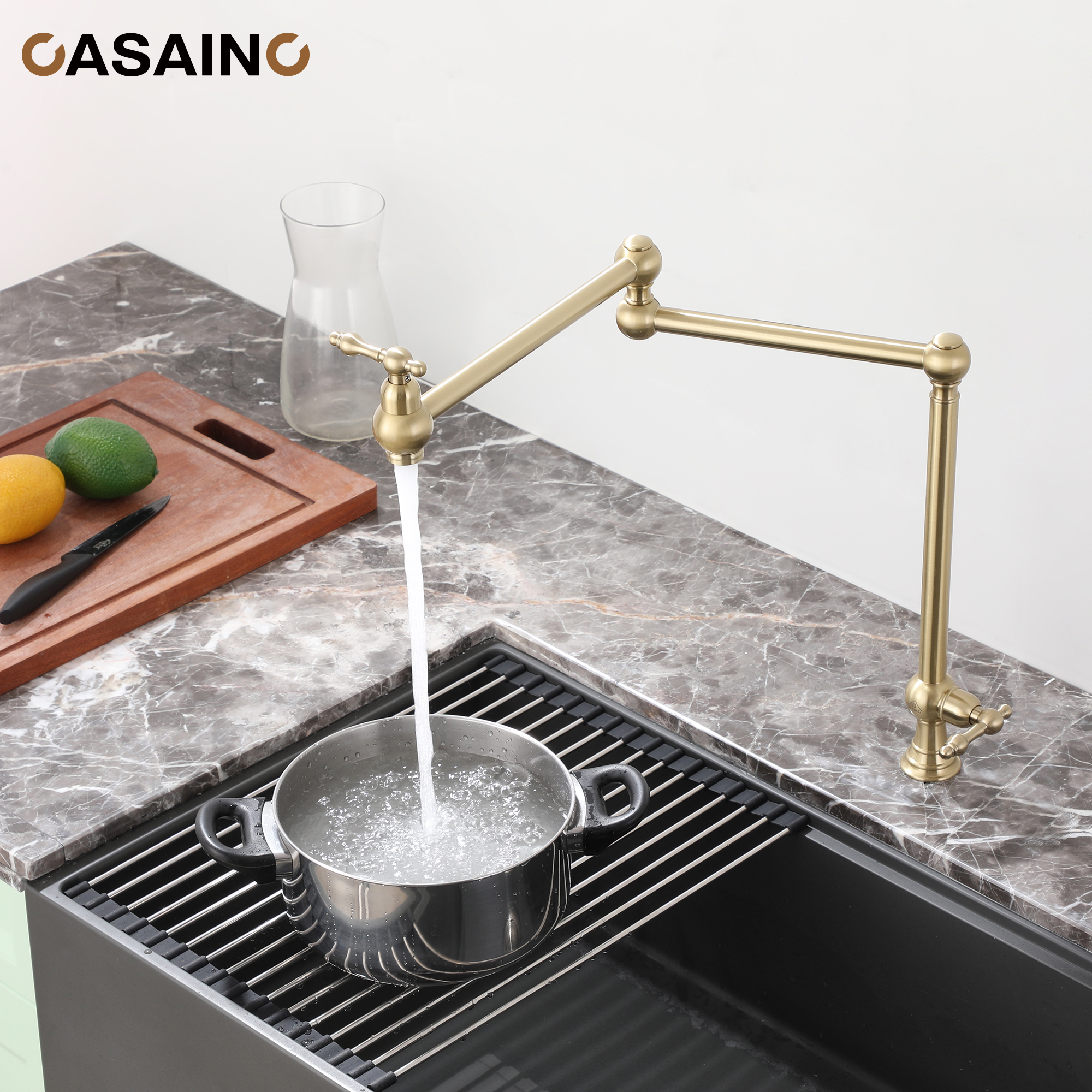 Pot Filler Kitchen Faucet Deck Mount Stove Faucet Dual Handle Folding Faucet with Stretchable Double Joint Swing Arm