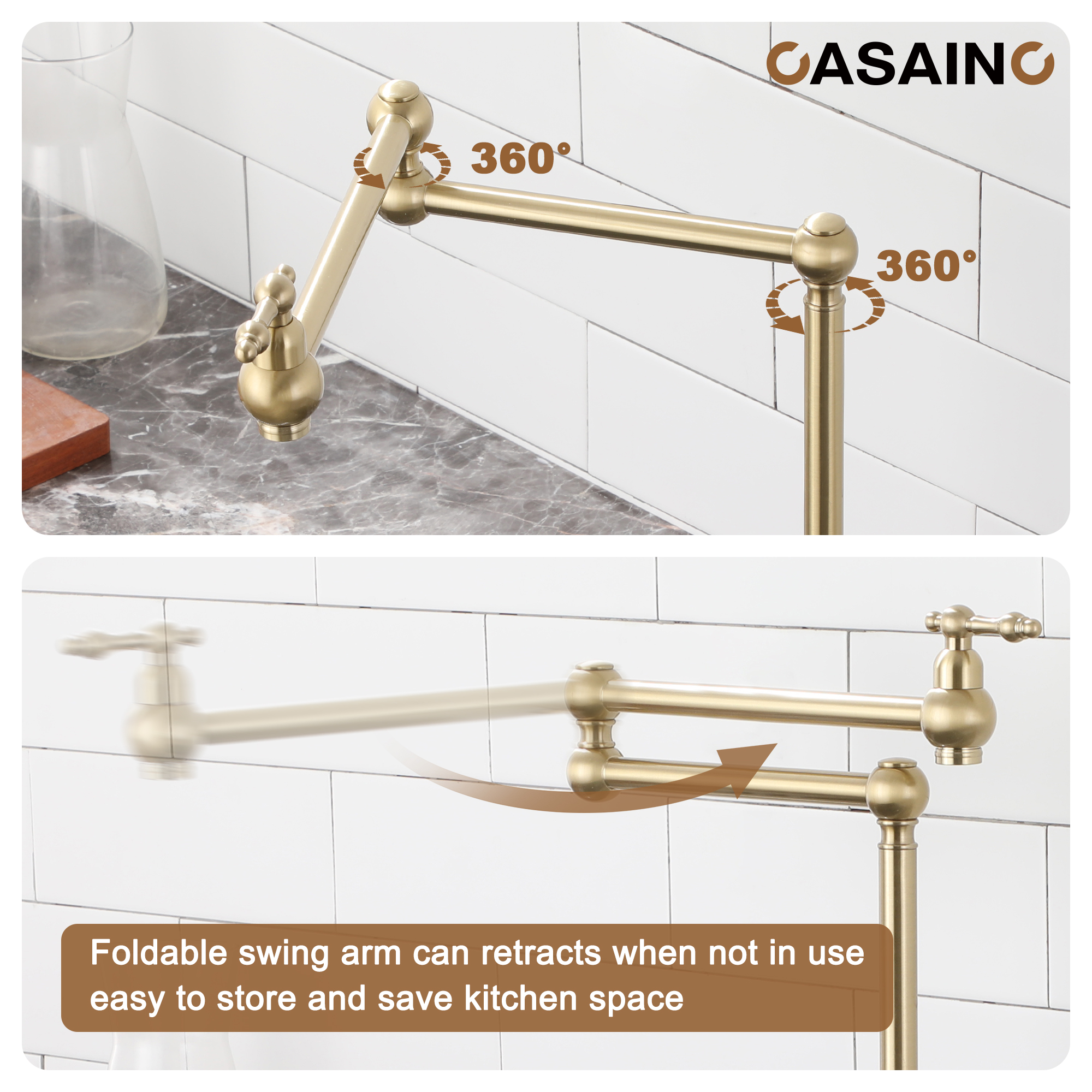 Pot Filler Kitchen Faucet Deck Mount Stove Faucet Dual Handle Folding Faucet with Stretchable Double Joint Swing Arm