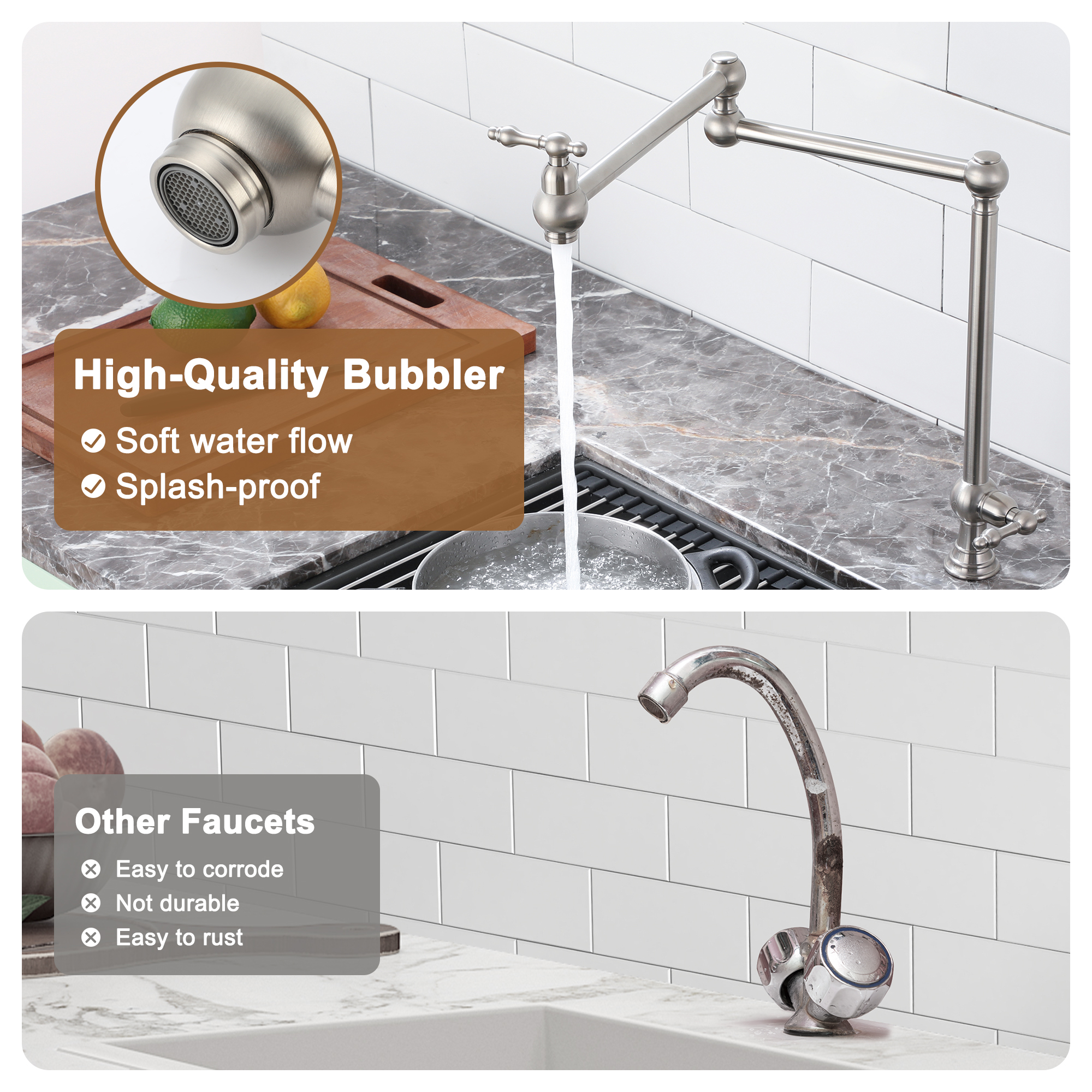 Deck-Mounted Double Handle Pot Filler Kitchen Faucet Stove Faucet with Folding Stretchable Double-Jointed Arm