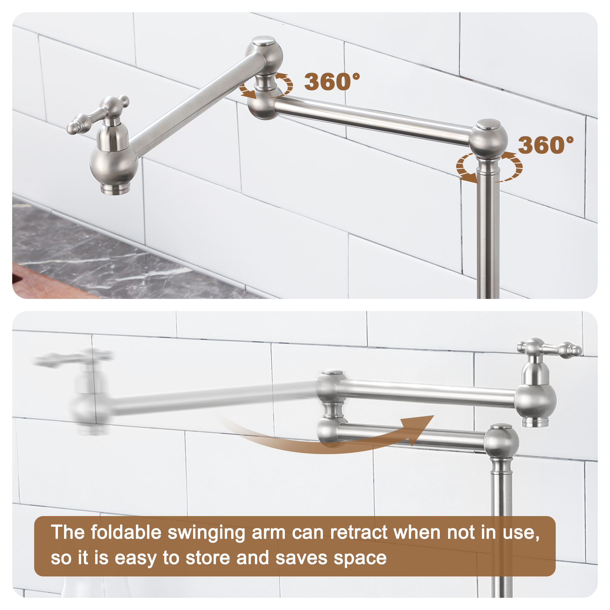 Deck-Mounted Double Handle Pot Filler Kitchen Faucet Stove Faucet with Folding Stretchable Double-Jointed Arm