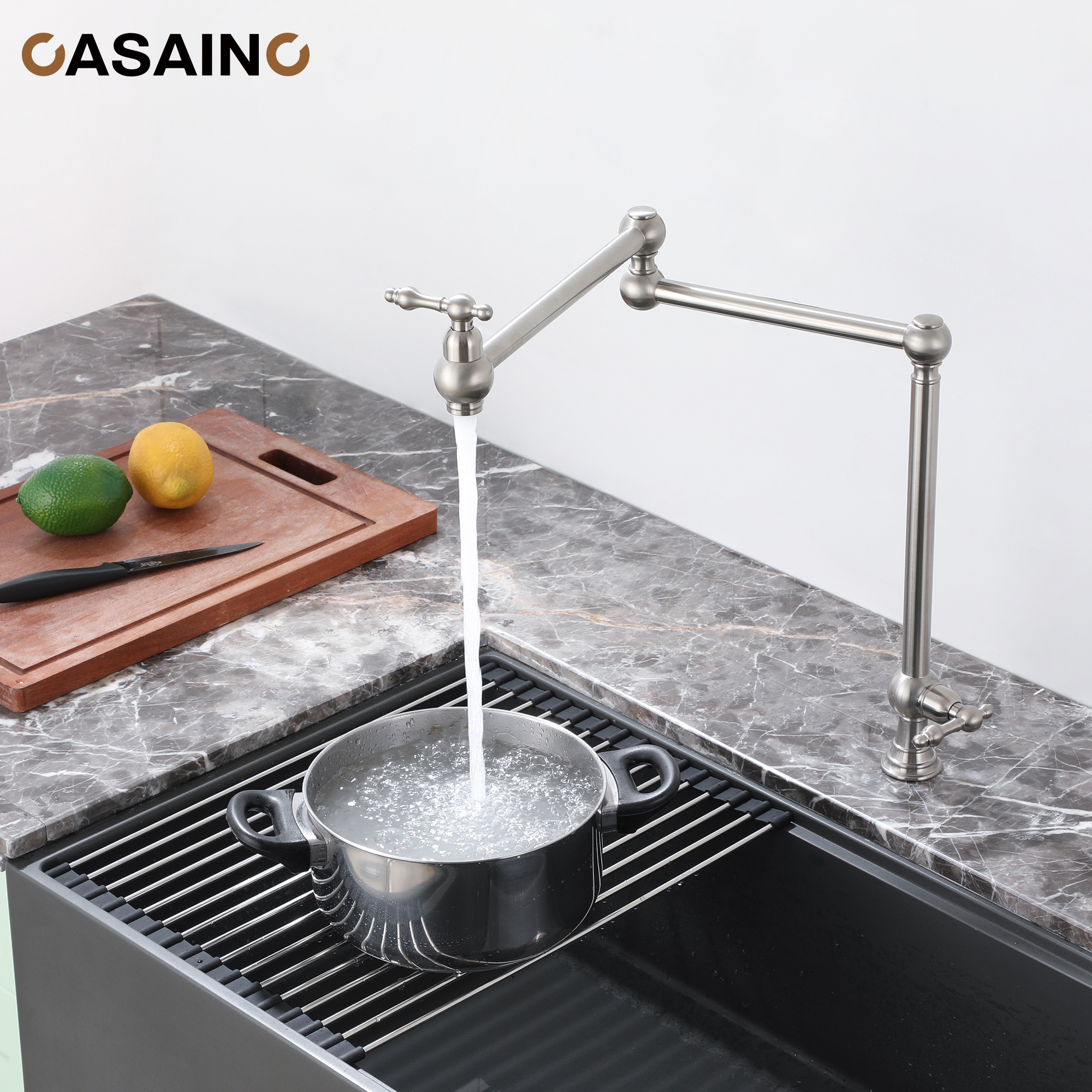 Pot Filler Kitchen Faucet Deck Mount Stove Faucet Dual Handle Folding Faucet with Stretchable Double Joint Swing Arm