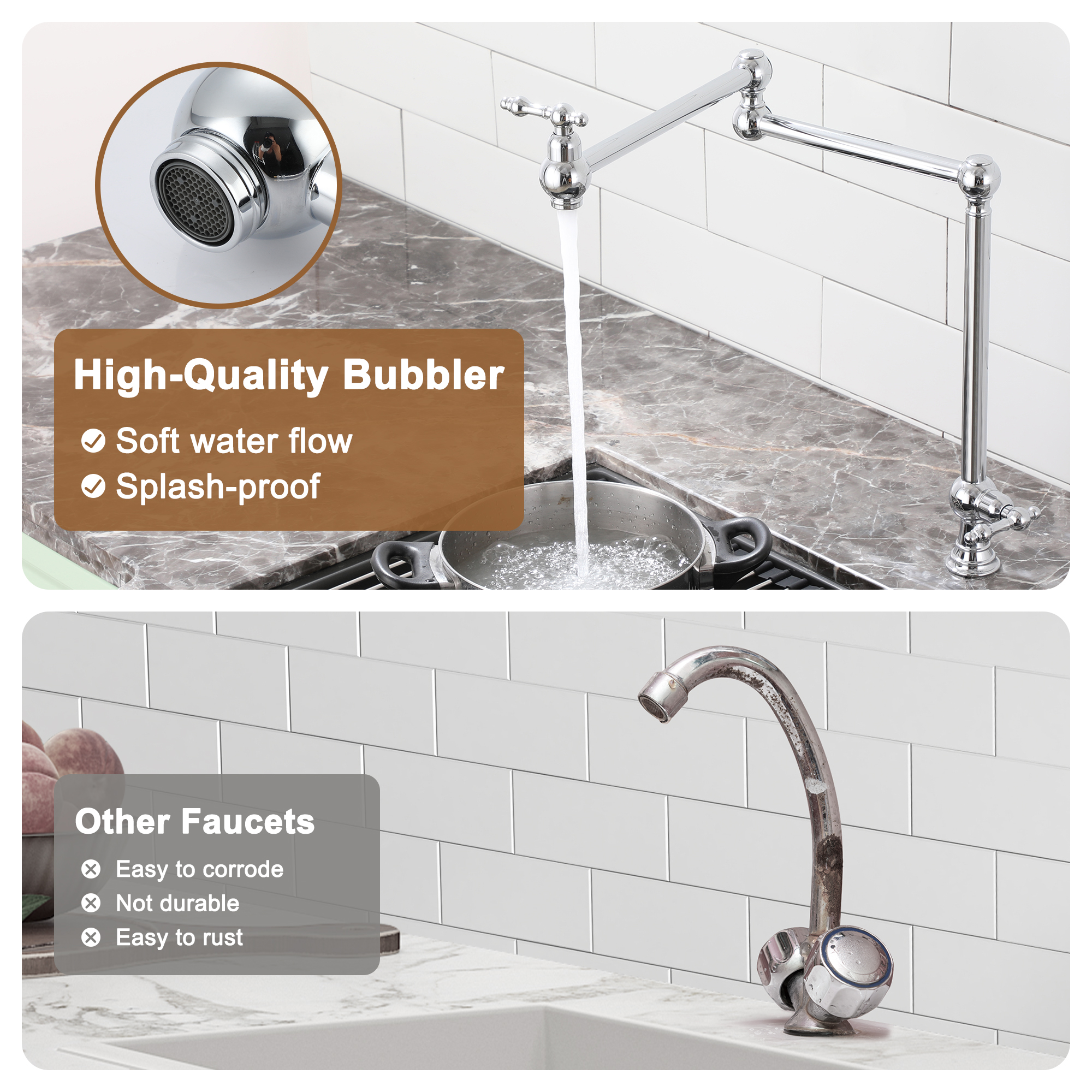 Deck-Mounted Double Handle Pot Filler Kitchen Faucet Stove Faucet with Folding Stretchable Double-Jointed Arm