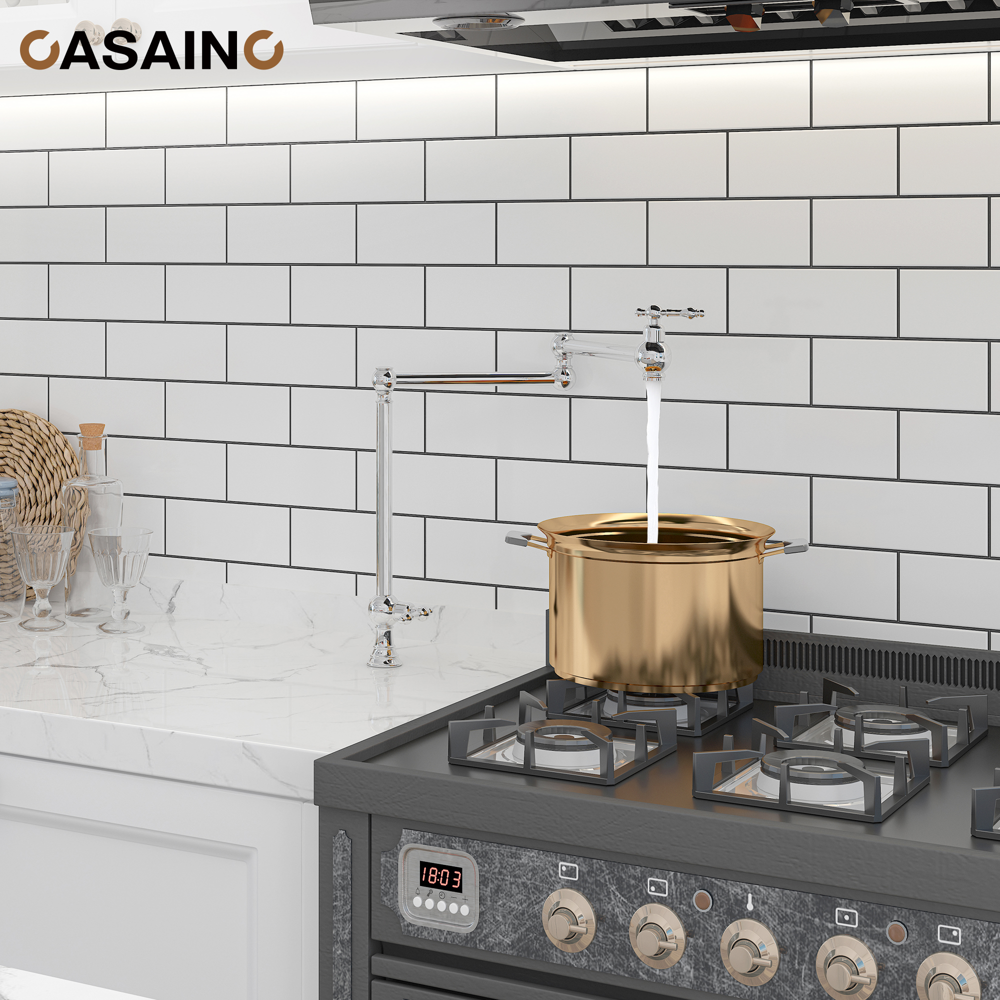 Pot Filler Kitchen Faucet Deck Mount Stove Faucet Dual Handle Folding Faucet with Stretchable Double Joint Swing Arm