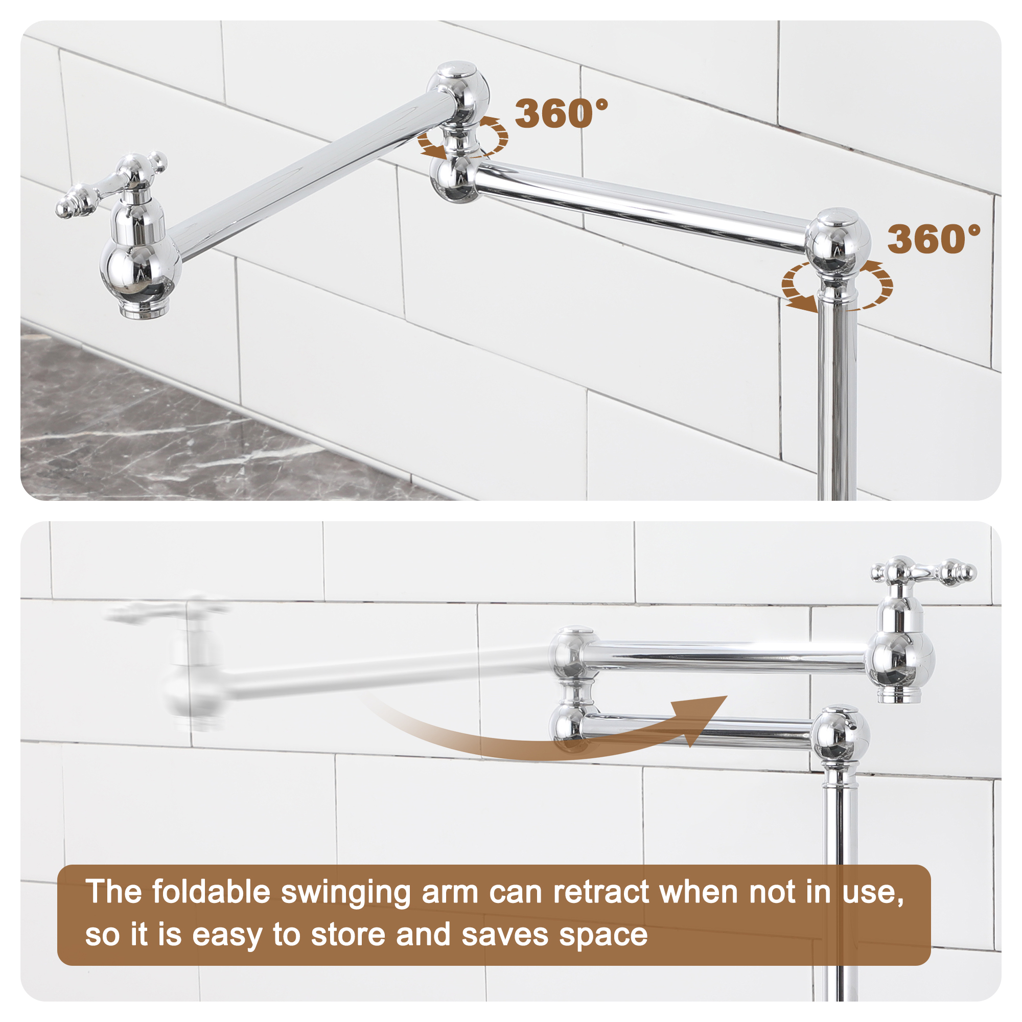 Deck-Mounted Double Handle Pot Filler Kitchen Faucet Stove Faucet with Folding Stretchable Double-Jointed Arm