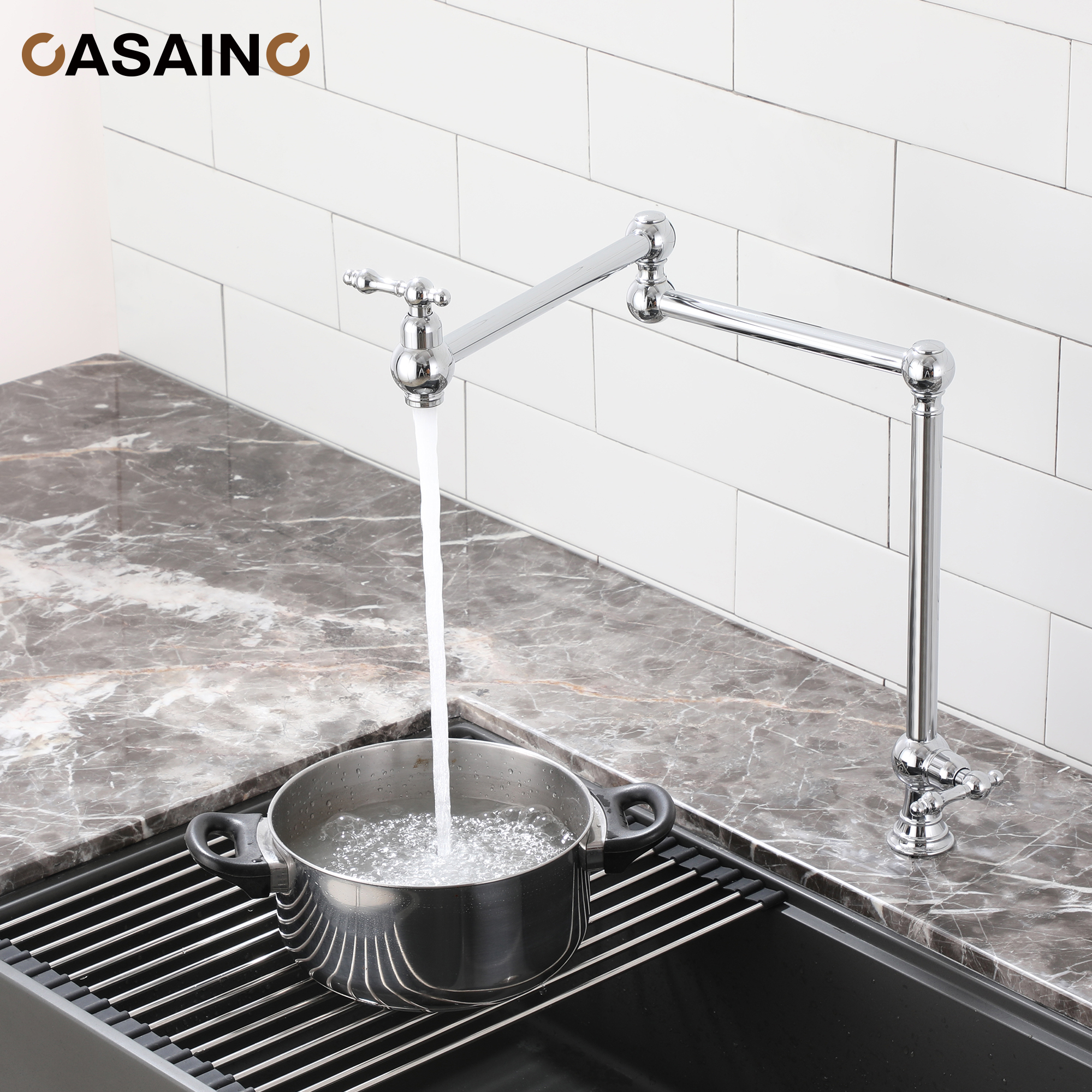 Pot Filler Kitchen Faucet Deck Mount Stove Faucet Dual Handle Folding Faucet with Stretchable Double Joint Swing Arm