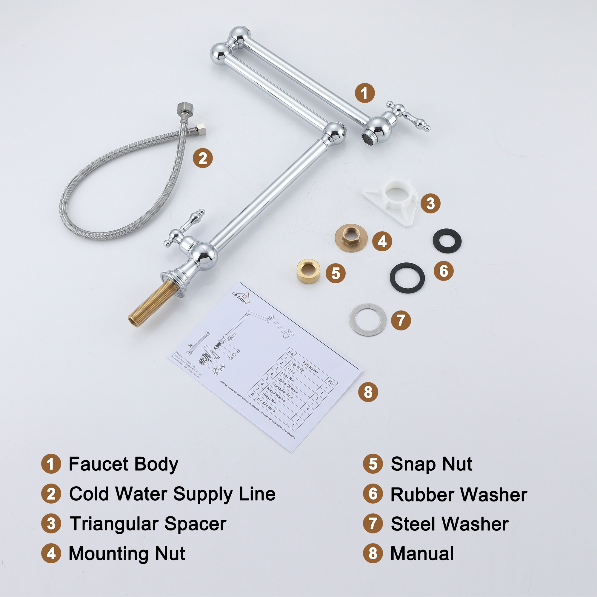 Deck-Mounted Double Handle Pot Filler Kitchen Faucet Stove Faucet with Folding Stretchable Double-Jointed Arm