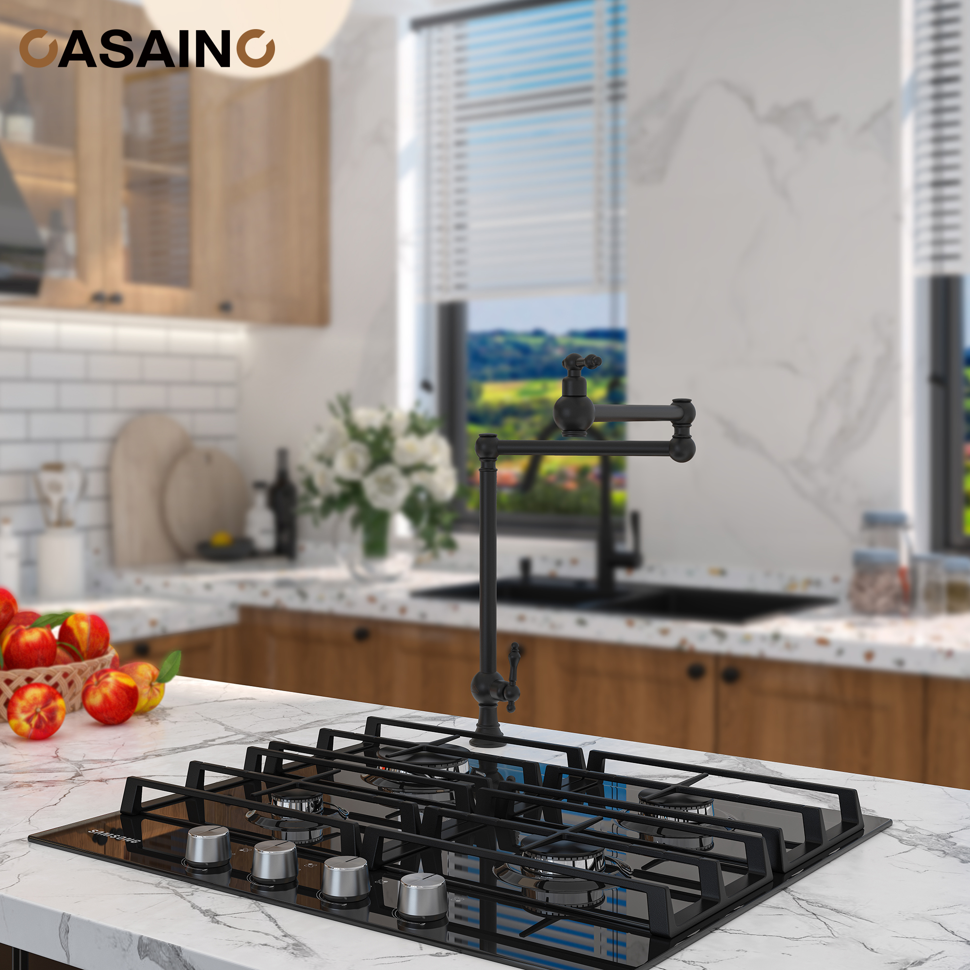 Pot Filler Kitchen Faucet Deck Mount Stove Faucet Dual Handle Folding Faucet with Stretchable Double Joint Swing Arm