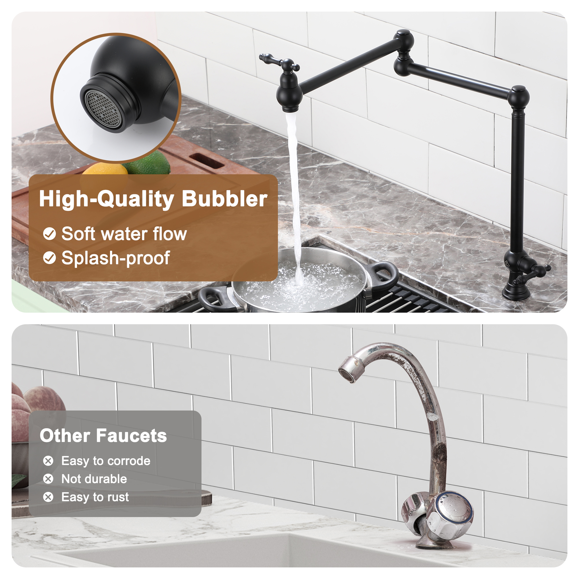 Deck-Mounted Double Handle Pot Filler Kitchen Faucet Stove Faucet with Folding Stretchable Double-Jointed Arm
