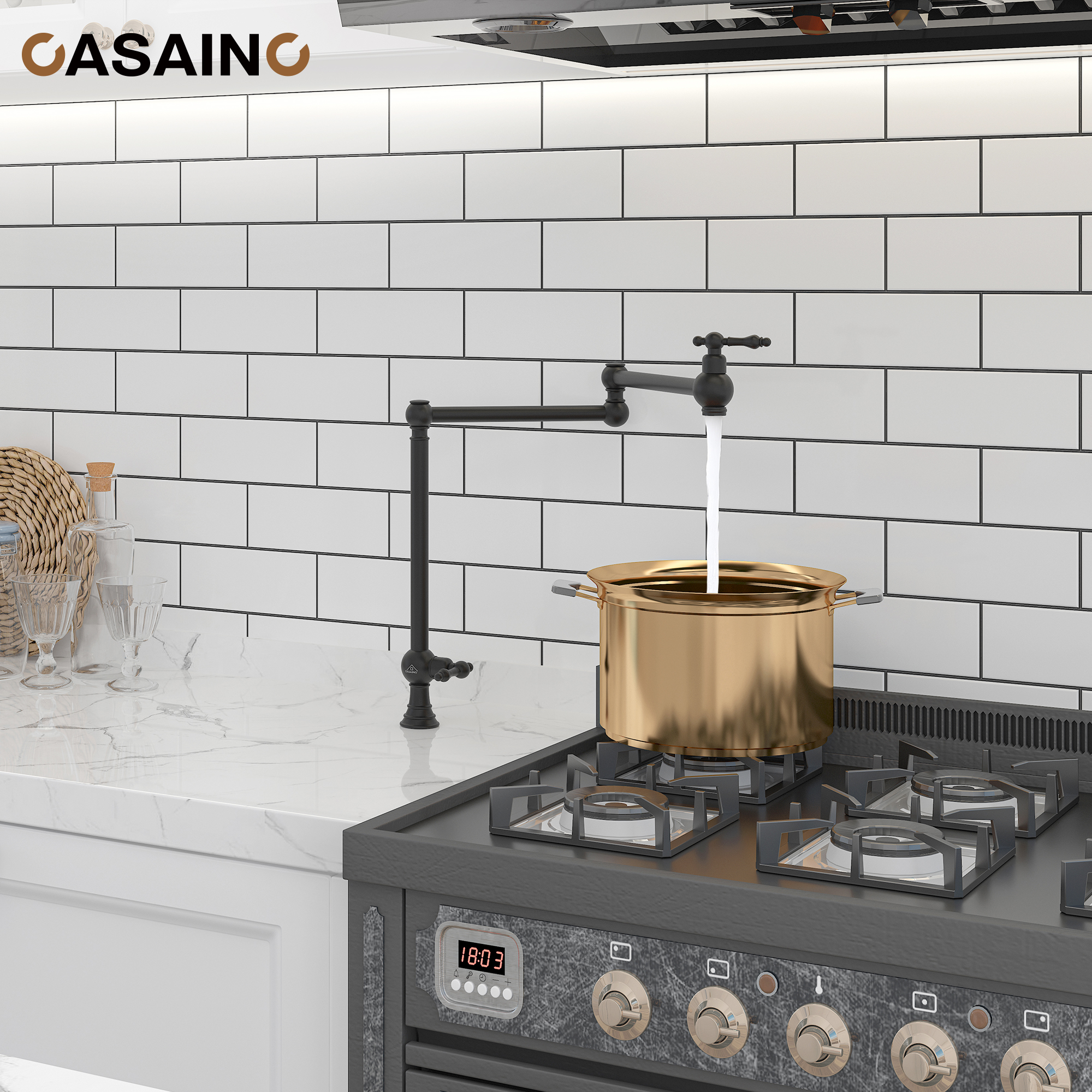 Pot Filler Kitchen Faucet Deck Mount Stove Faucet Dual Handle Folding Faucet with Stretchable Double Joint Swing Arm