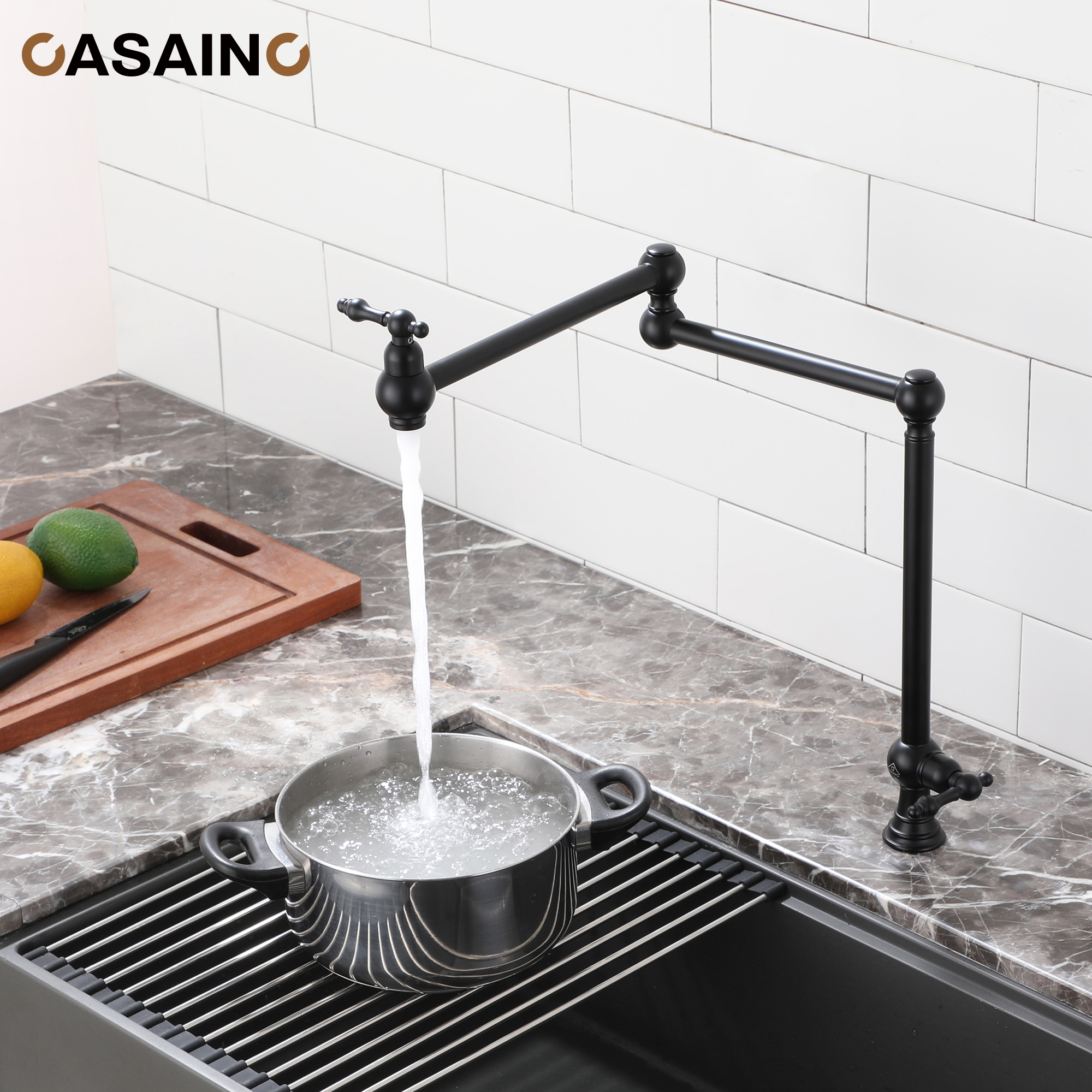 Pot Filler Kitchen Faucet Deck Mount Stove Faucet Dual Handle Folding Faucet with Stretchable Double Joint Swing Arm