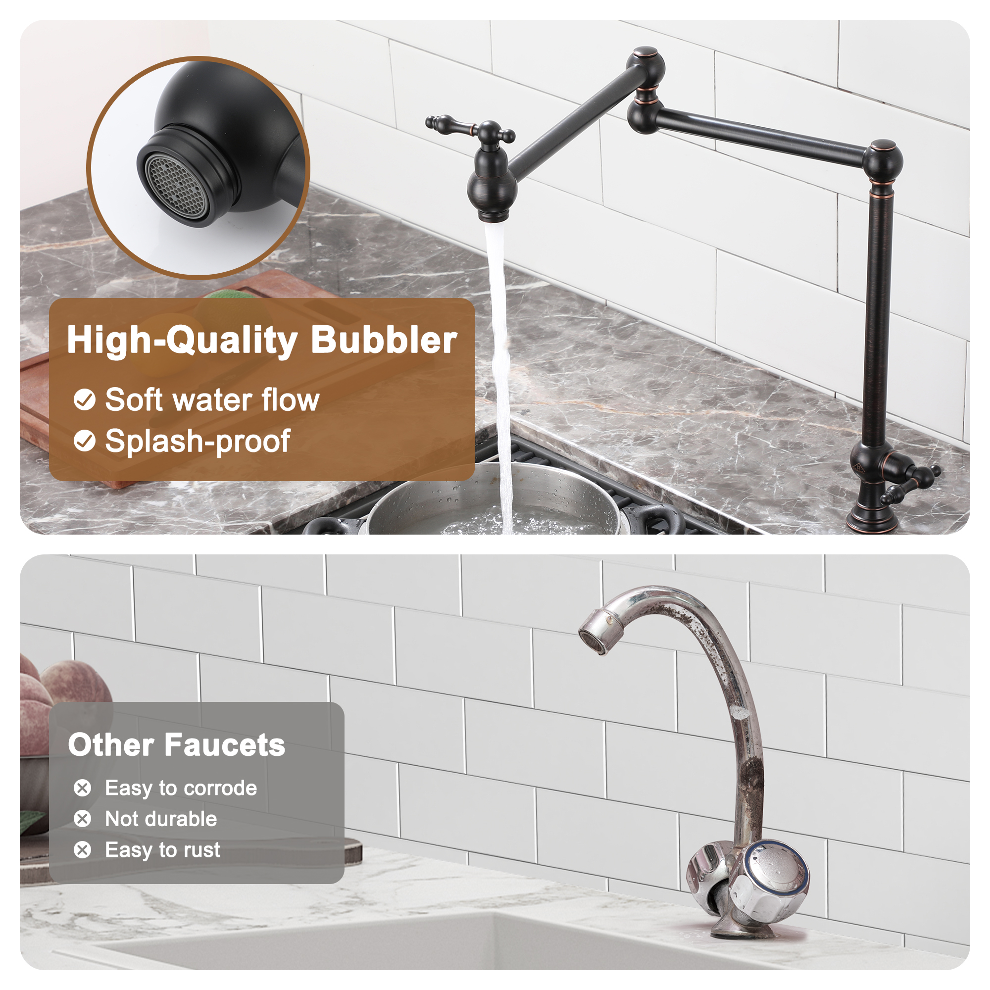 Deck-Mounted Double Handle Pot Filler Kitchen Faucet Stove Faucet with Folding Stretchable Double-Jointed Arm